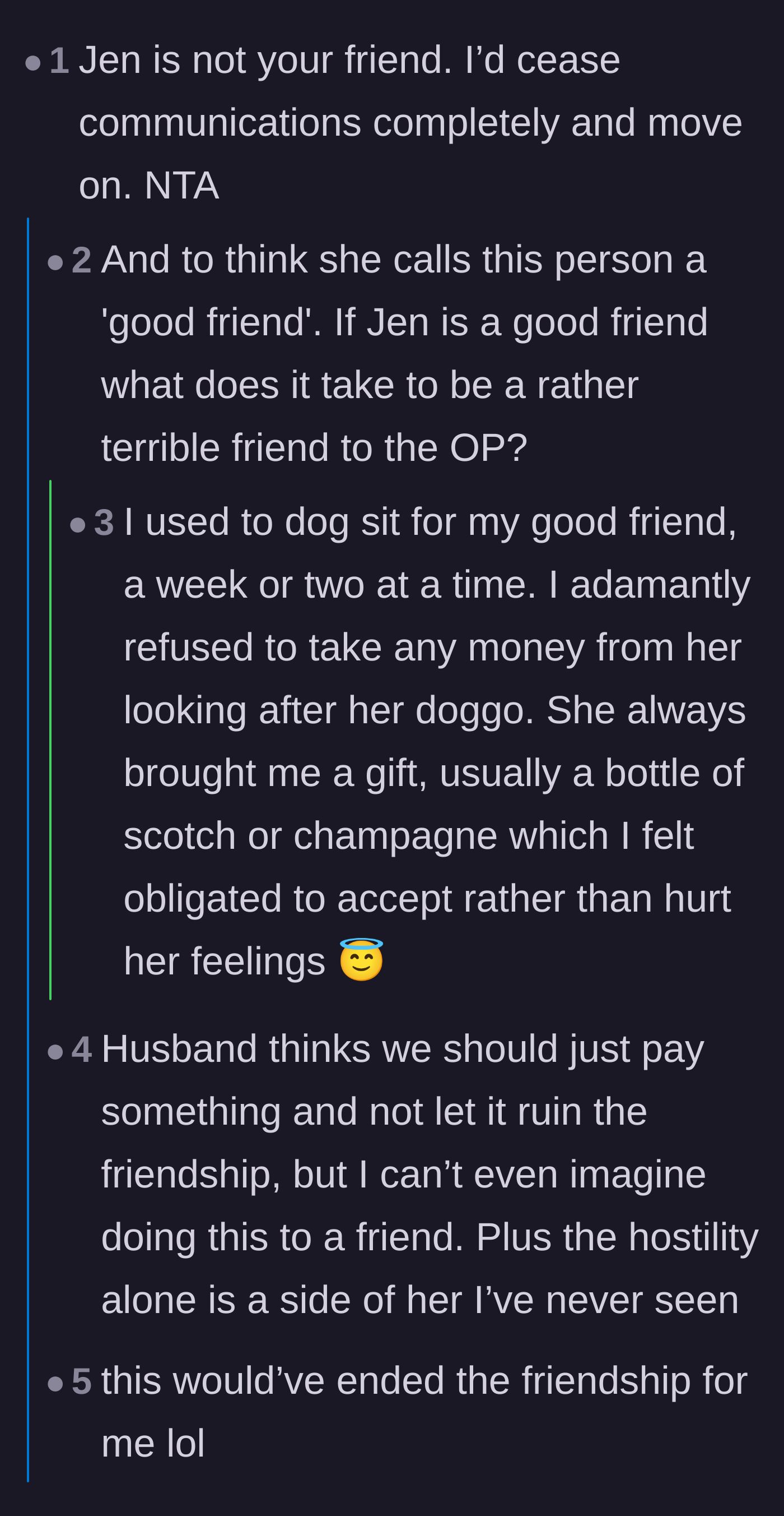 Comment thread 2 - Commenters shut down the husband's suggestion to pay Jen just to save the friendship.
