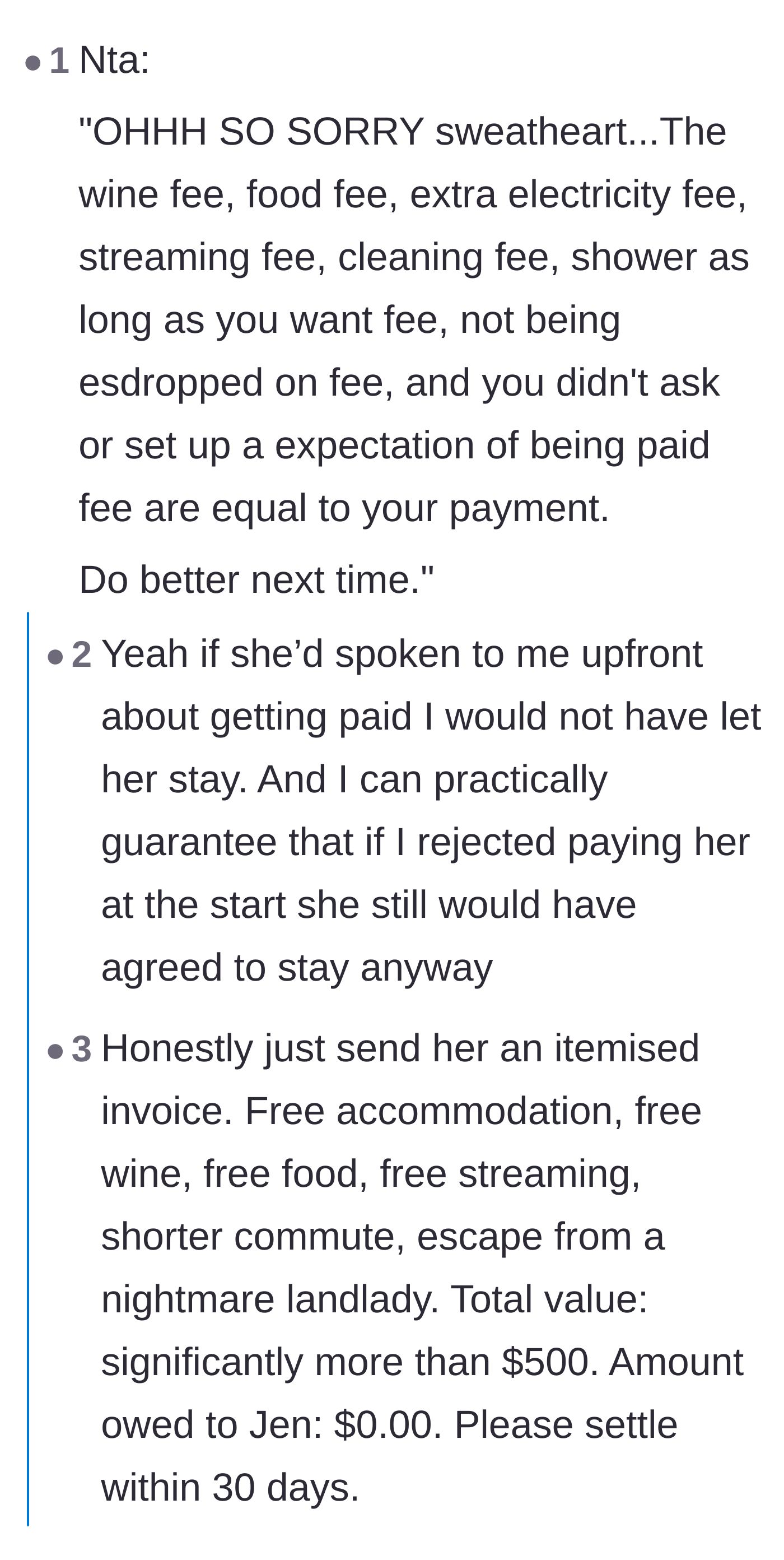 Comment thread 3 - Suggestions to send Jen a petty, itemized invoice for the free wine and lack of a creepy landlord.