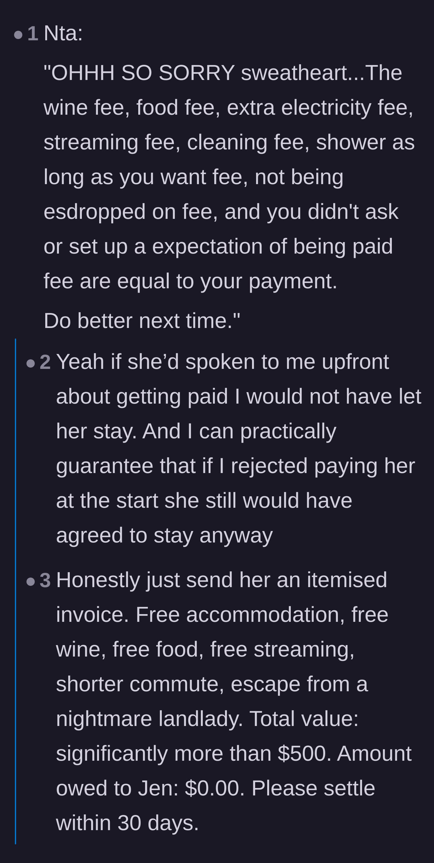 Comment thread 3 - Suggestions to send Jen a petty, itemized invoice for the free wine and lack of a creepy landlord.