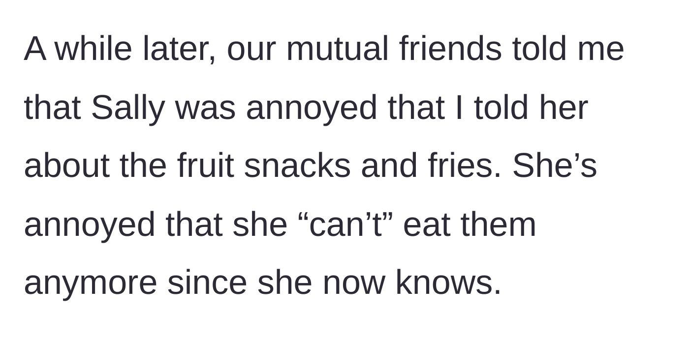Story part 3 - Mutual friends reveal the Muslim friend is annoyed because now she 'can't' eat those snacks anymore.