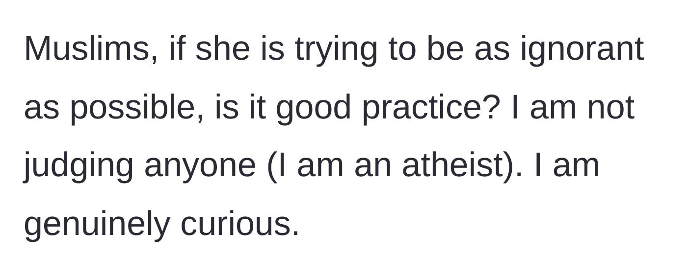 Story part 5 - The author asks the Muslim community if feigning ignorance is an accepted religious practice.