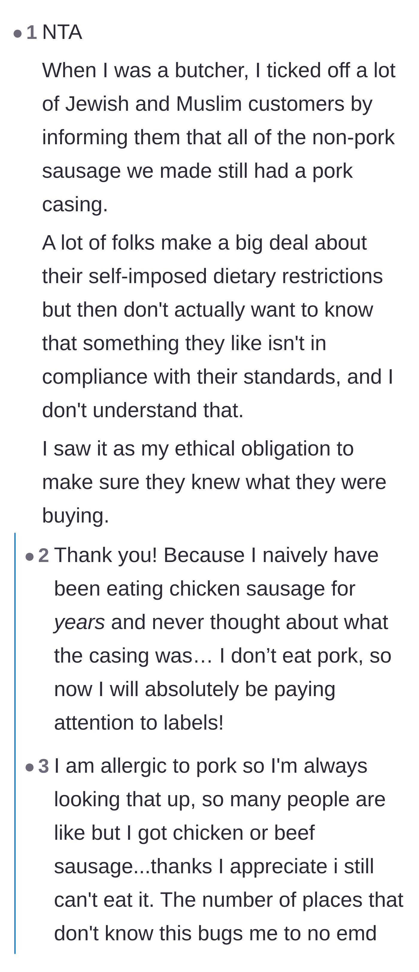 Comment thread 4 - A former butcher shares stories of customers getting angry when warned about pork casings on non-pork sausages.
