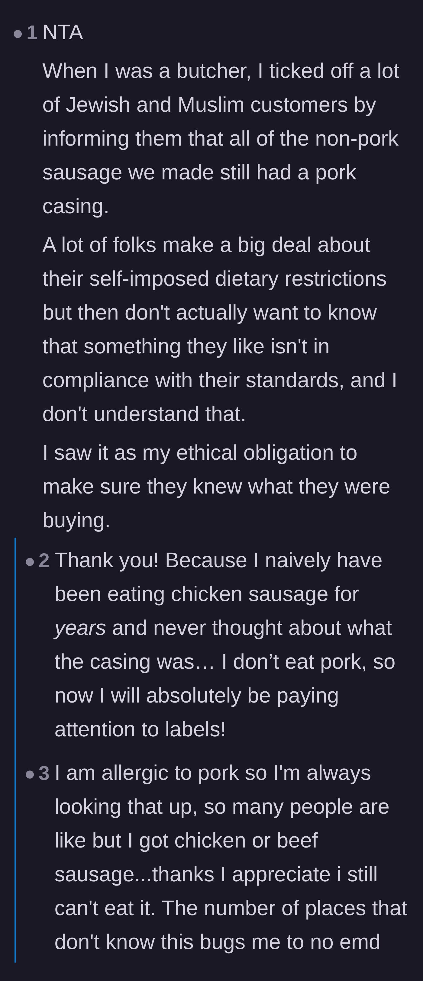 Comment thread 4 - A former butcher shares stories of customers getting angry when warned about pork casings on non-pork sausages.