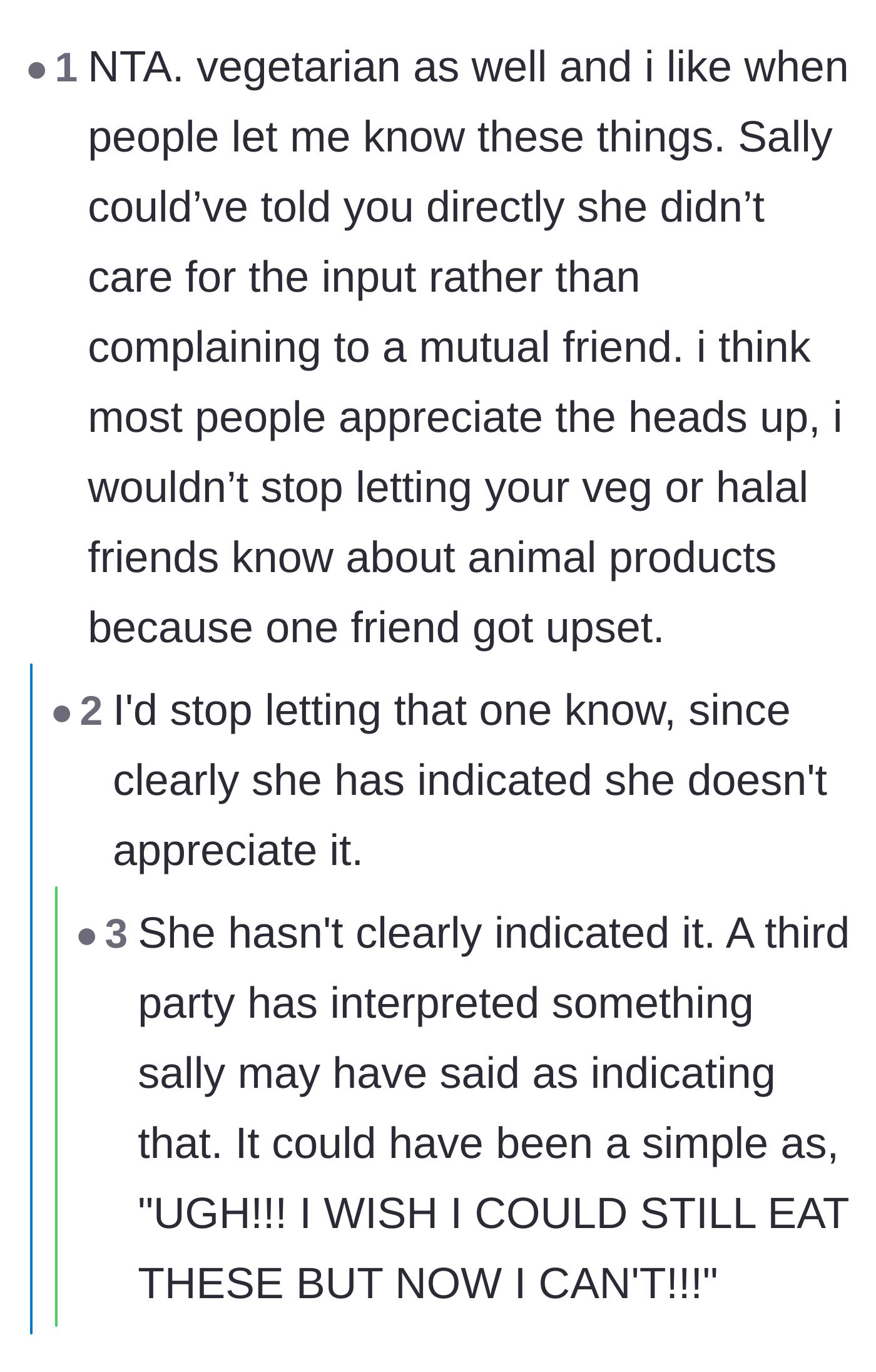 Comment thread 5 - Advice on whether to confront the friend directly or just stop sharing ingredient information altogether.
