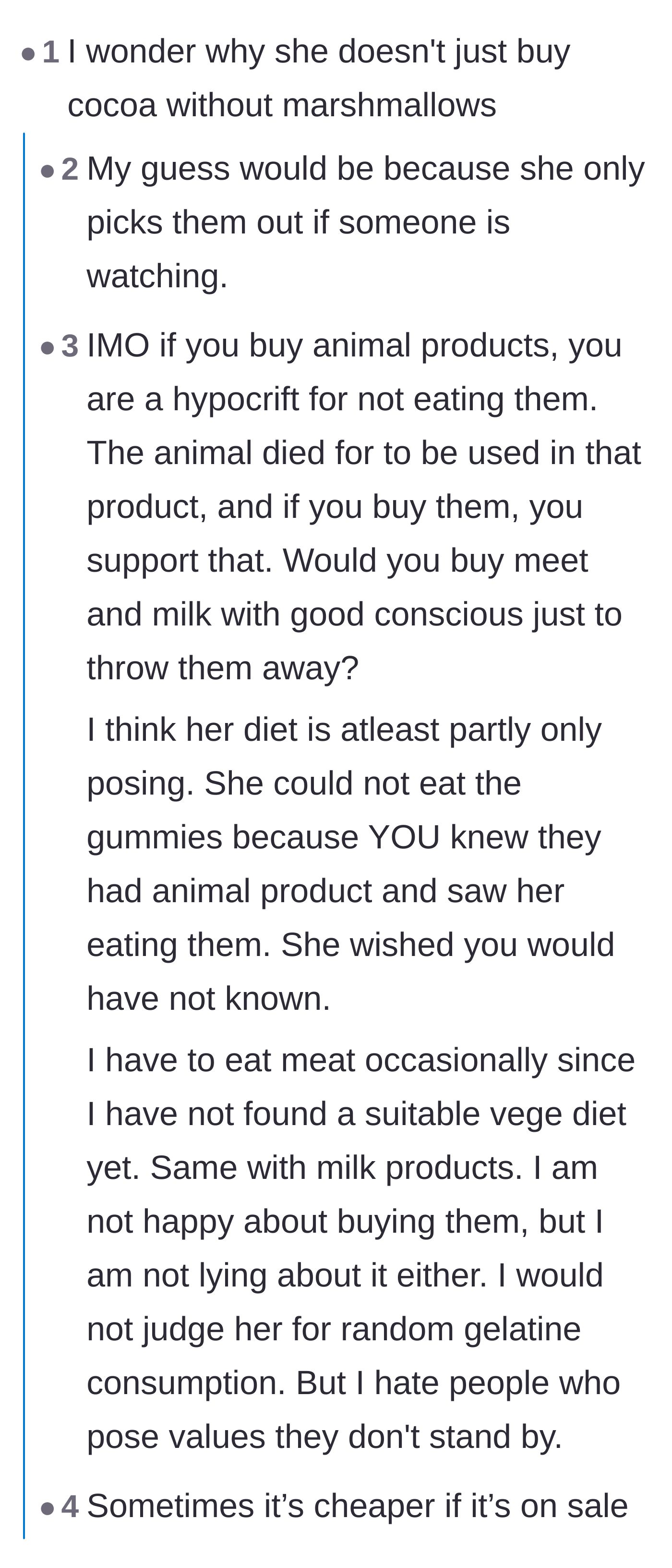 Comment thread 6 - Speculation that picking marshmallows out of cocoa is just a performative act done for an audience.