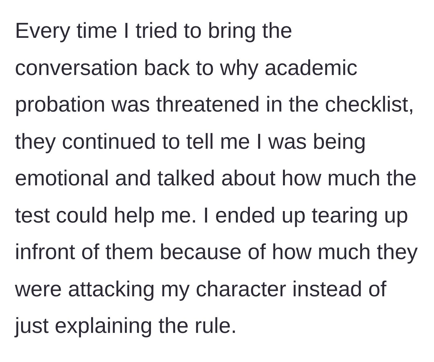Story part 5 - The student tears up as the administration repeatedly attacks her character.