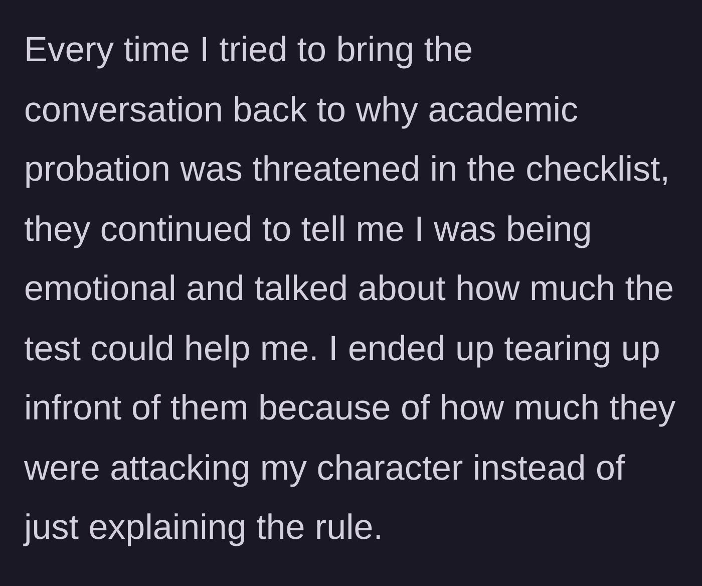 Story part 5 - The student tears up as the administration repeatedly attacks her character.