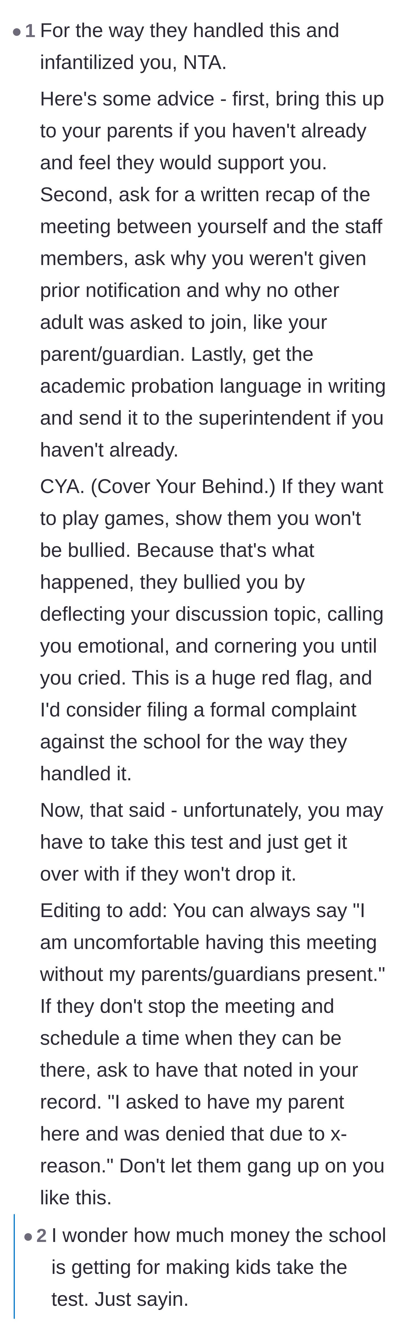 Comment thread 1 - Readers advise the student to get everything in writing to protect herself and speculate about financial kickbacks.