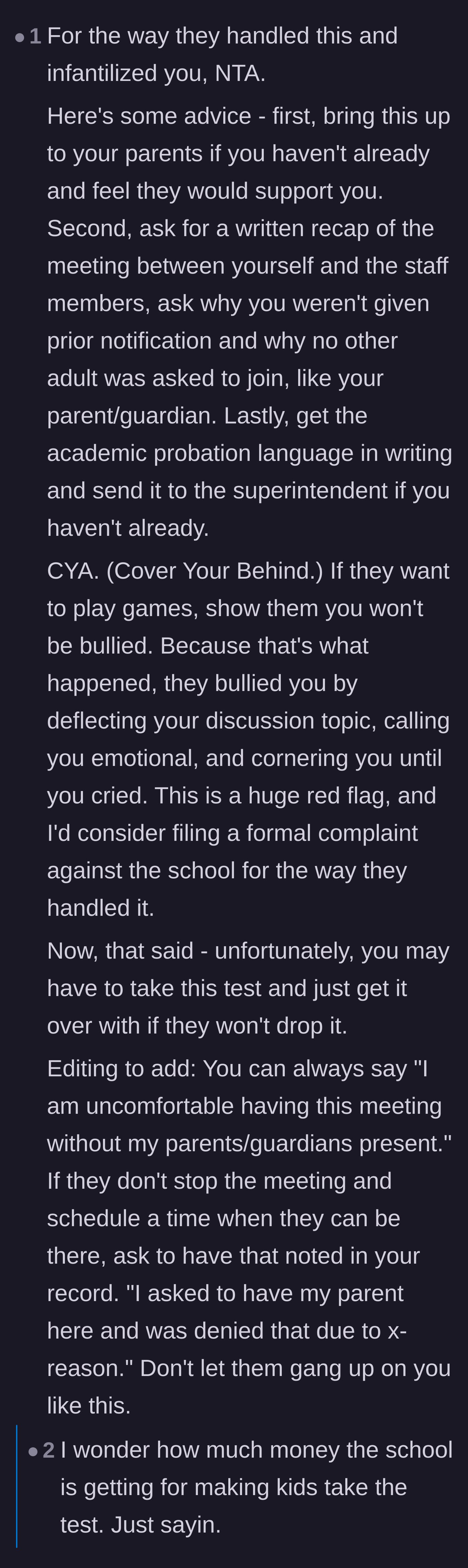 Comment thread 1 - Readers advise the student to get everything in writing to protect herself and speculate about financial kickbacks.