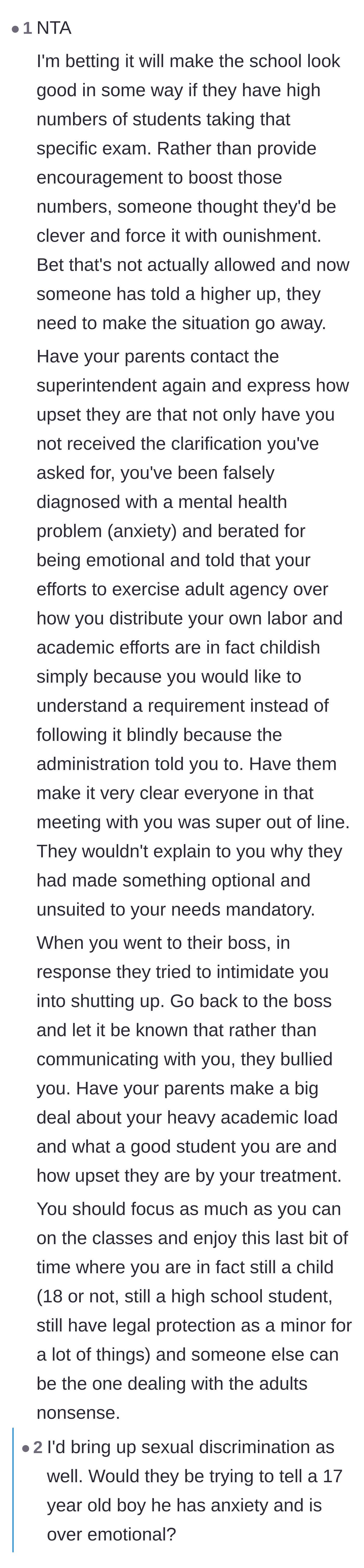 Comment thread 3 - Discussion on how the administration weaponized a fake anxiety diagnosis and whether they would treat a male student this way.