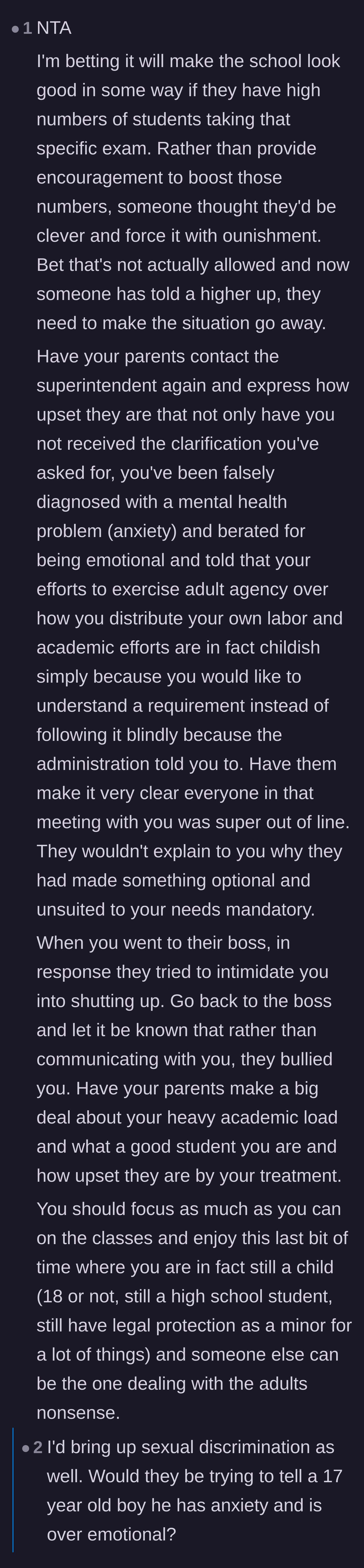 Comment thread 3 - Discussion on how the administration weaponized a fake anxiety diagnosis and whether they would treat a male student this way.