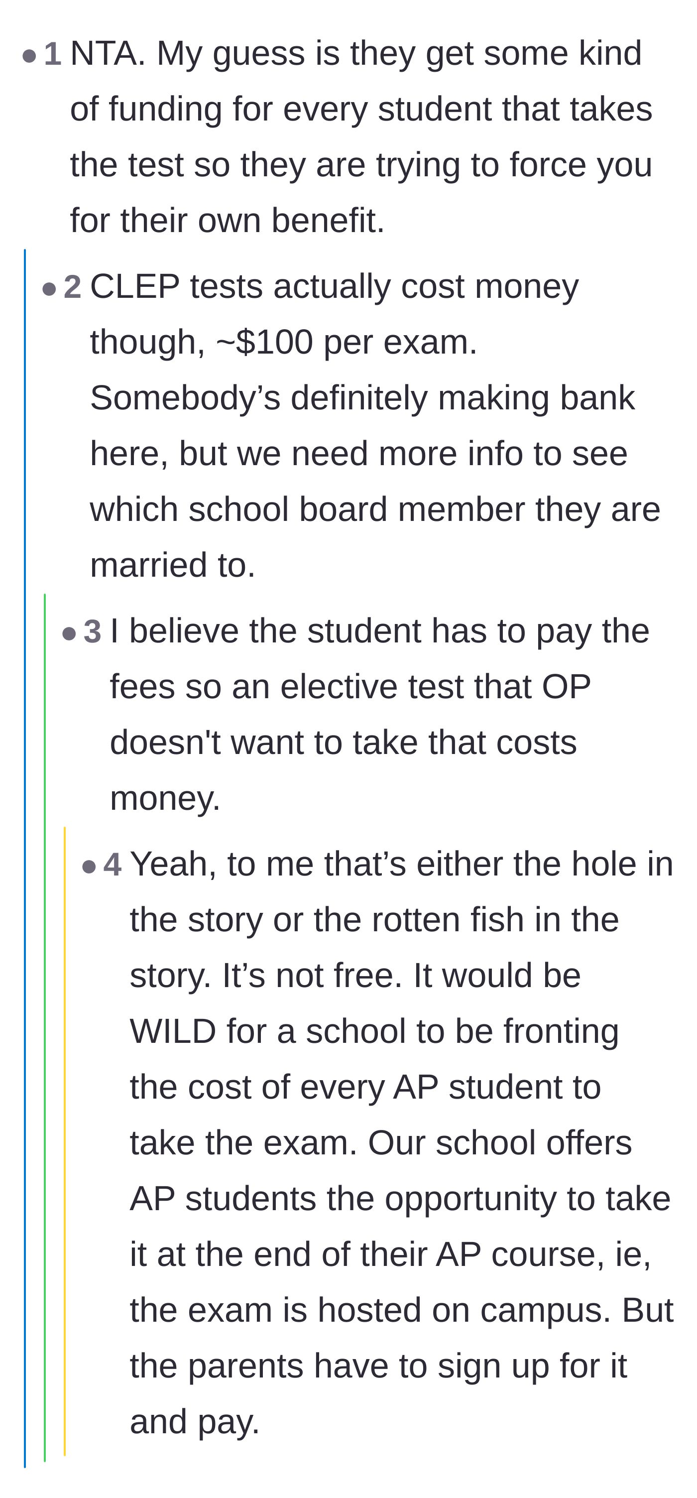 Comment thread 4 - A deep dive into the hidden financial incentives and grant money tied to the CLEP exam vouchers.