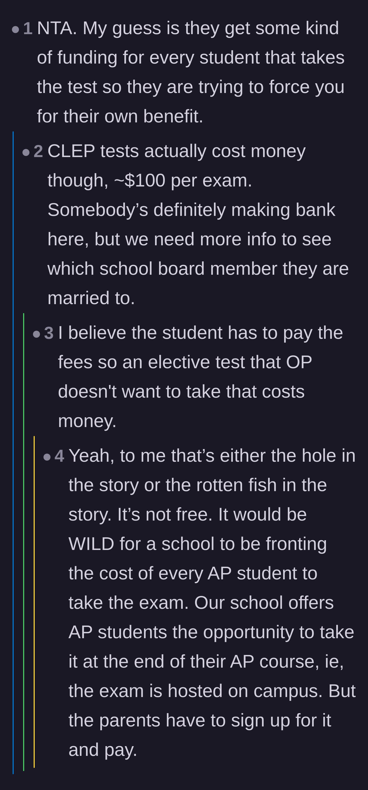 Comment thread 4 - A deep dive into the hidden financial incentives and grant money tied to the CLEP exam vouchers.