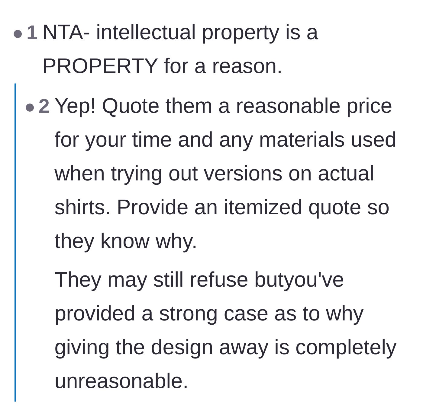 Comment thread 1 - Asserting that intellectual property is real property and deserves a price tag.