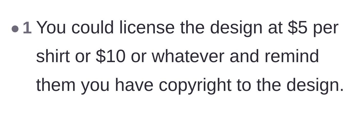 Comment thread 5 - Proposing a per-shirt licensing fee for the design.