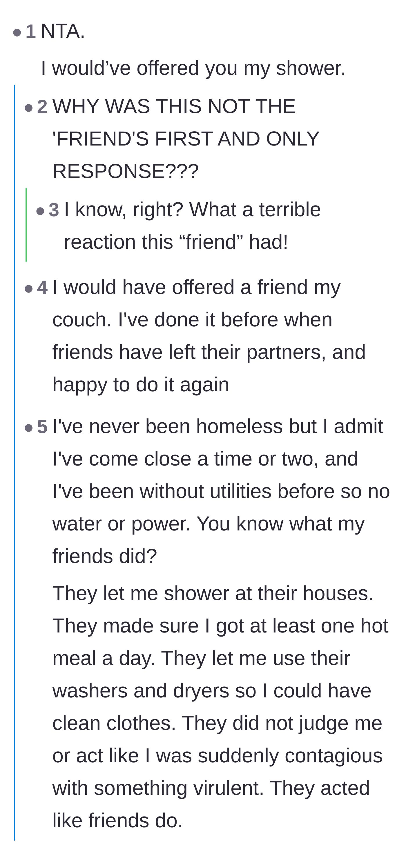 Comment thread 2 - Commenters express shock that the friend didn't immediately offer her shower or couch.