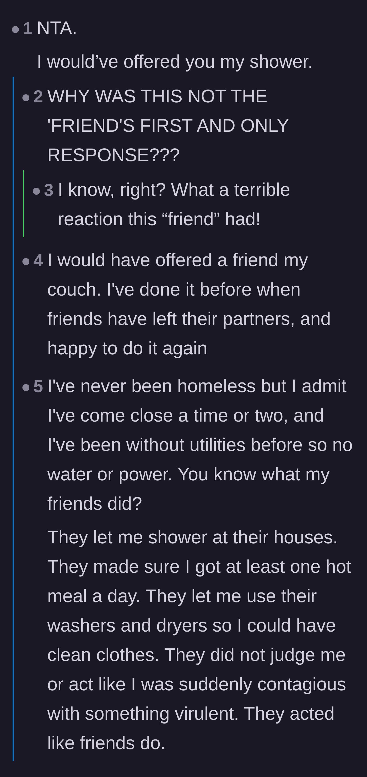 Comment thread 2 - Commenters express shock that the friend didn't immediately offer her shower or couch.