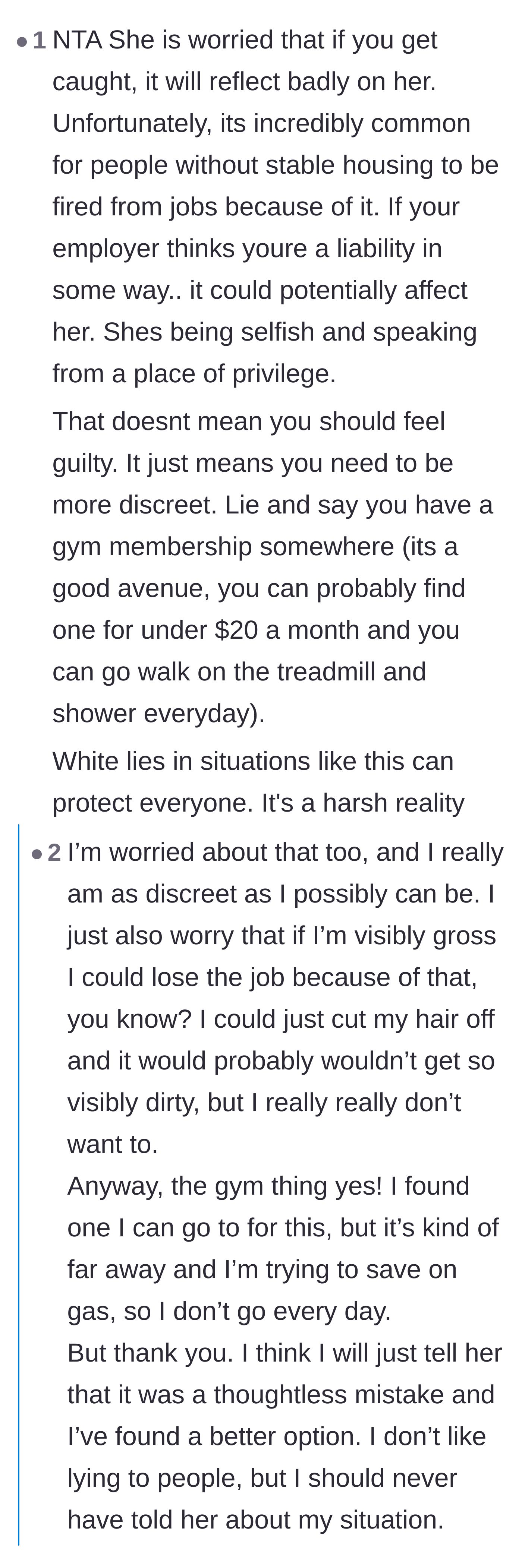 Comment thread 4 - A deep dive into the logistics of gym showers and the privilege of not understanding homeless anxiety.