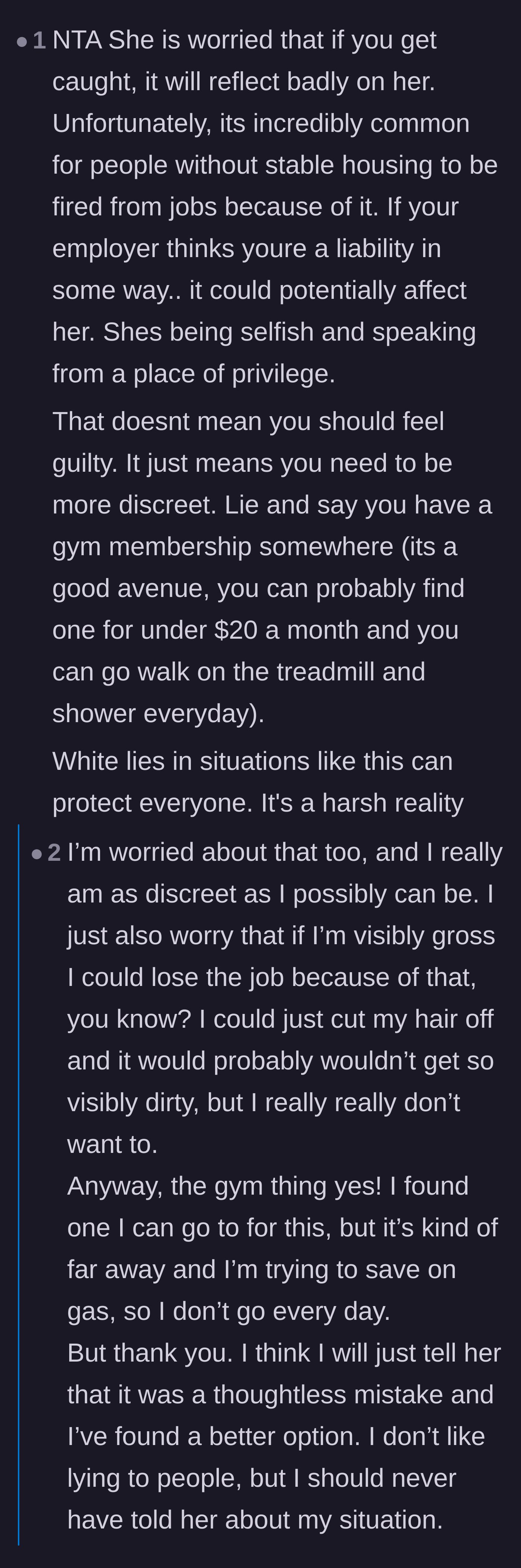Comment thread 4 - A deep dive into the logistics of gym showers and the privilege of not understanding homeless anxiety.