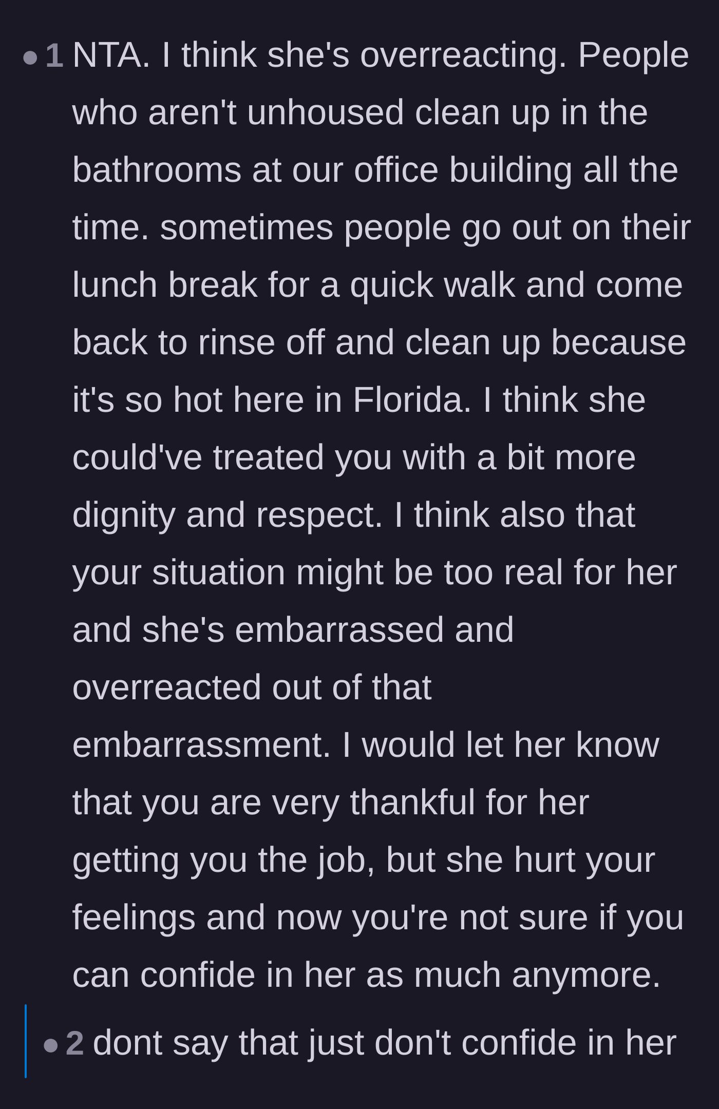 Comment thread 5 - A discussion about how housed office workers frequently wash up in work sinks without facing any stigma.