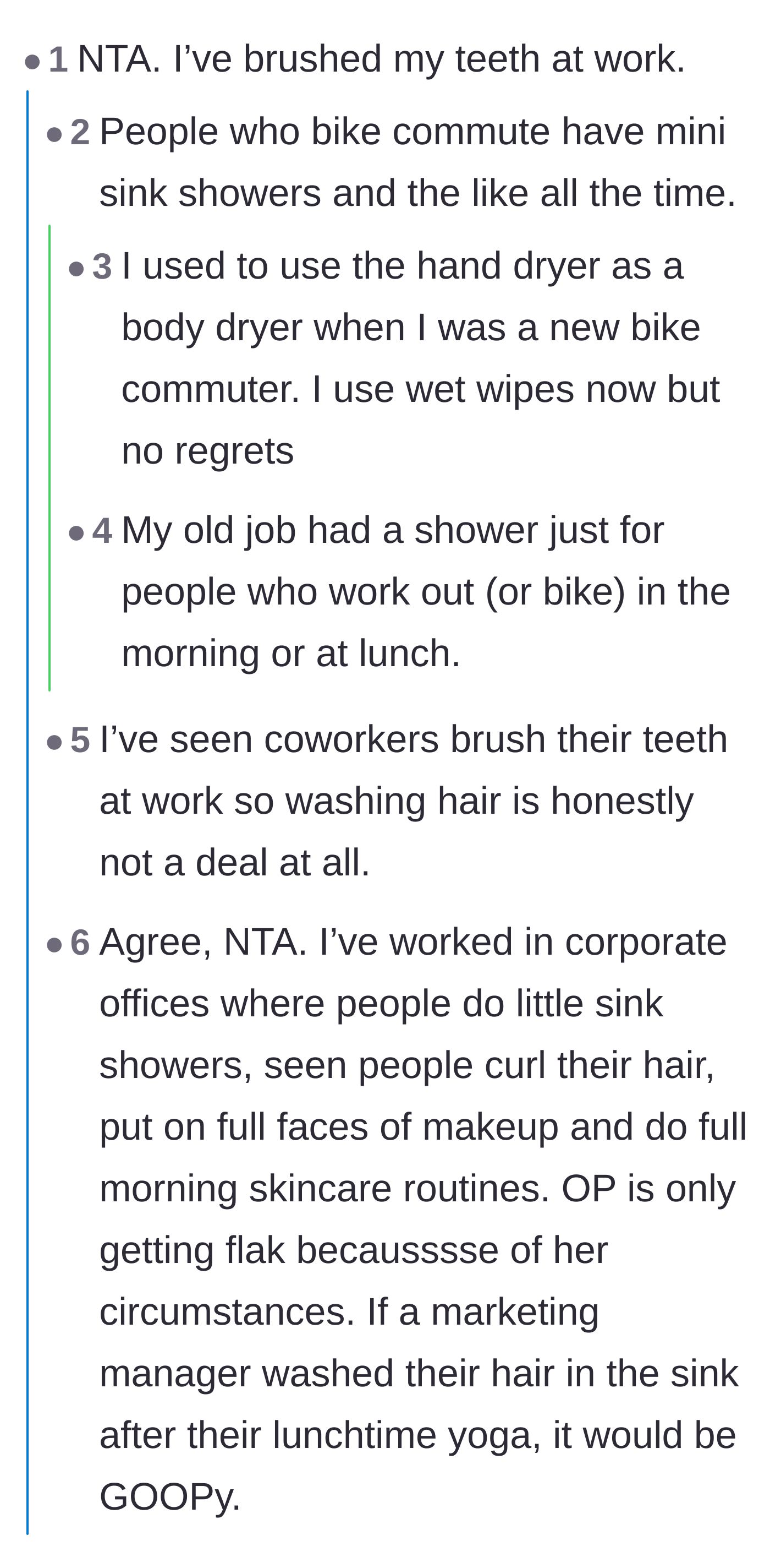 Comment thread 6 - Comparisons to bike commuters and marketing managers who do the exact same hygiene routines at the office.