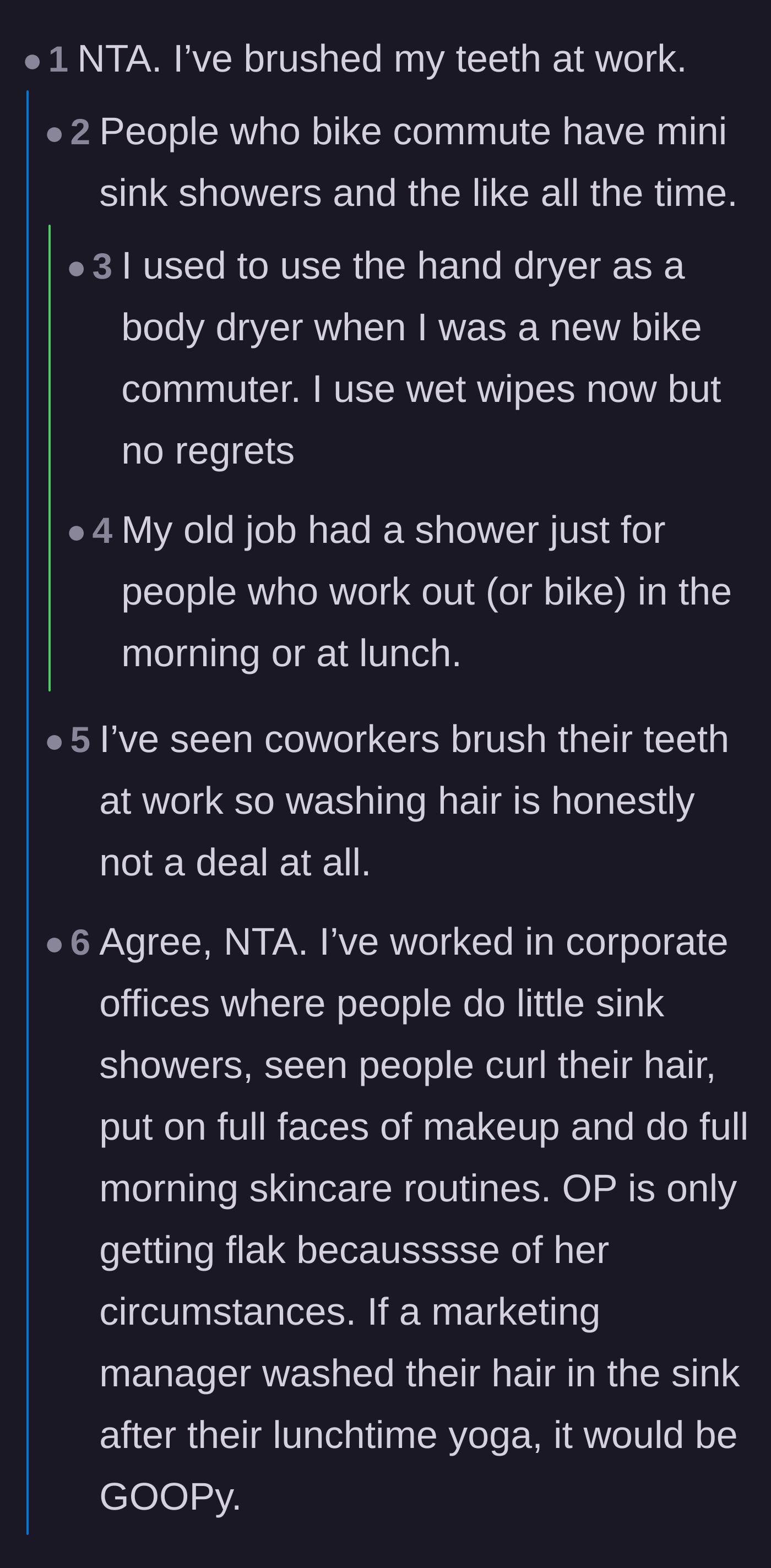 Comment thread 6 - Comparisons to bike commuters and marketing managers who do the exact same hygiene routines at the office.