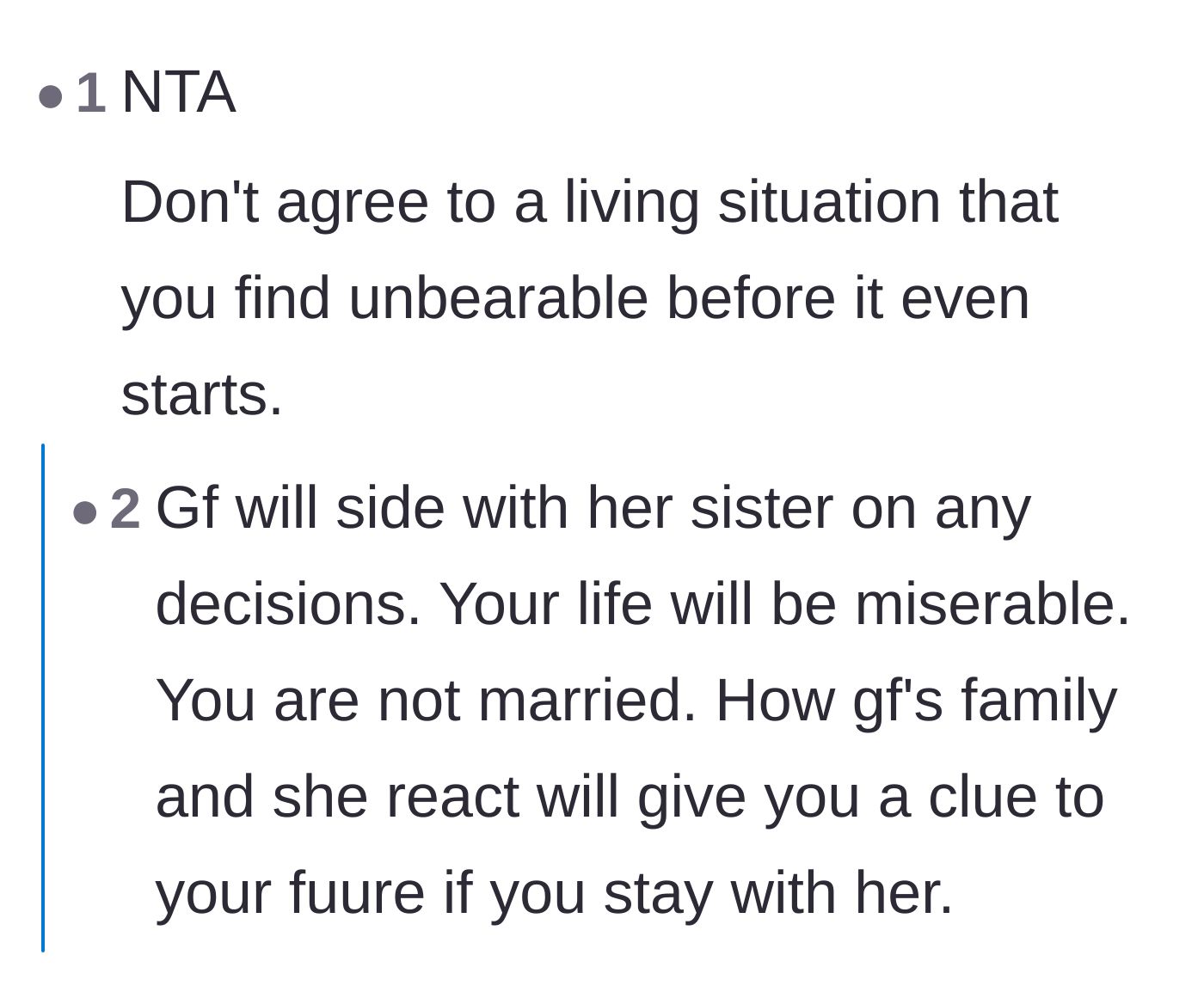 Comment thread 1 - Readers warning the homeowner that his girlfriend and her sister will constantly team up against him.