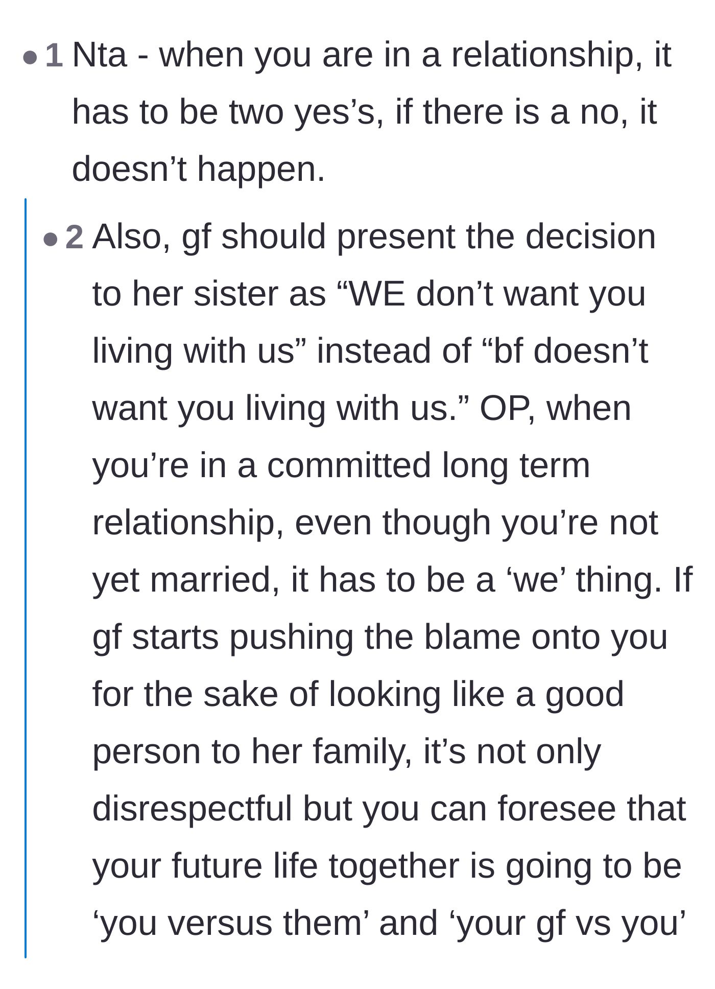 Comment thread 3 - Advice emphasizing the 'two yeses, one no' rule for couples making big decisions.
