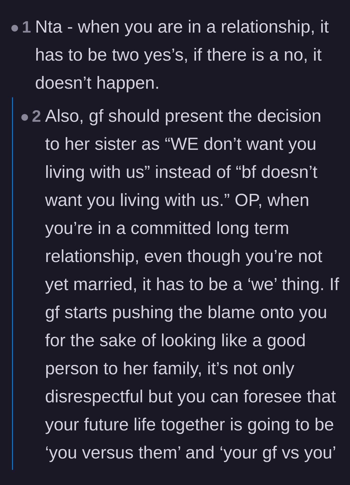 Comment thread 3 - Advice emphasizing the 'two yeses, one no' rule for couples making big decisions.