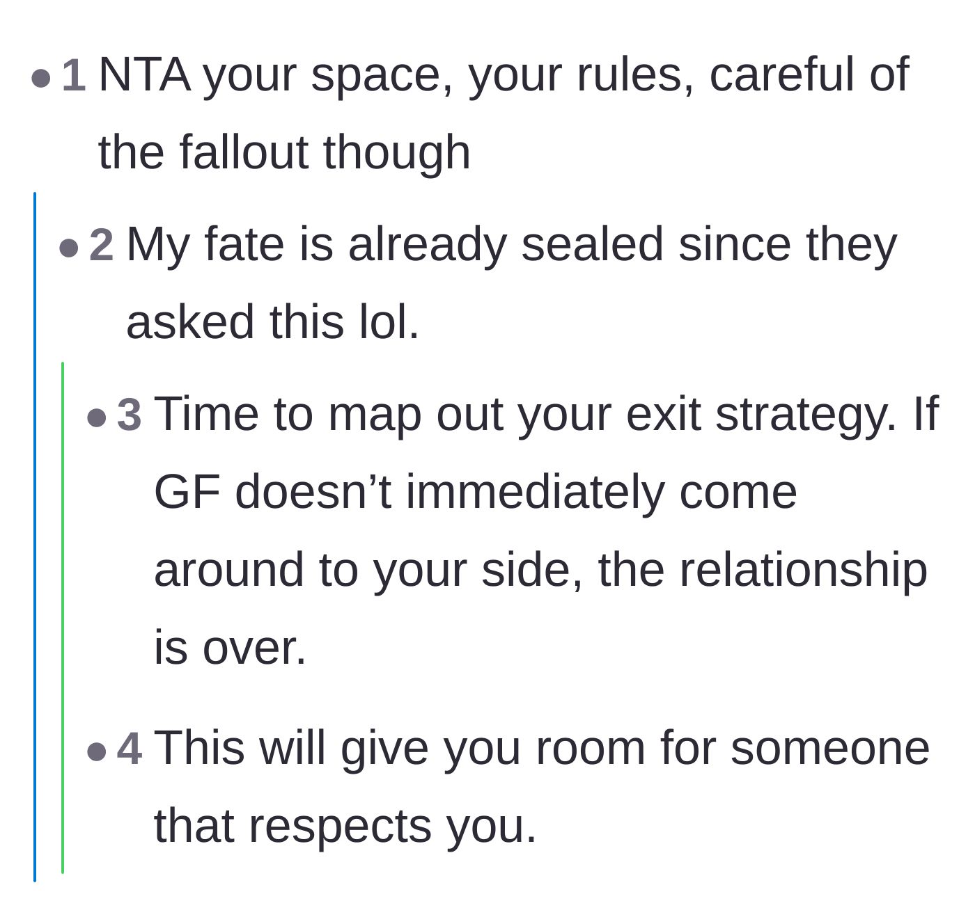Comment thread 4 - Commenters advising the homeowner to plan an exit strategy if his girlfriend doesn't respect his boundary.