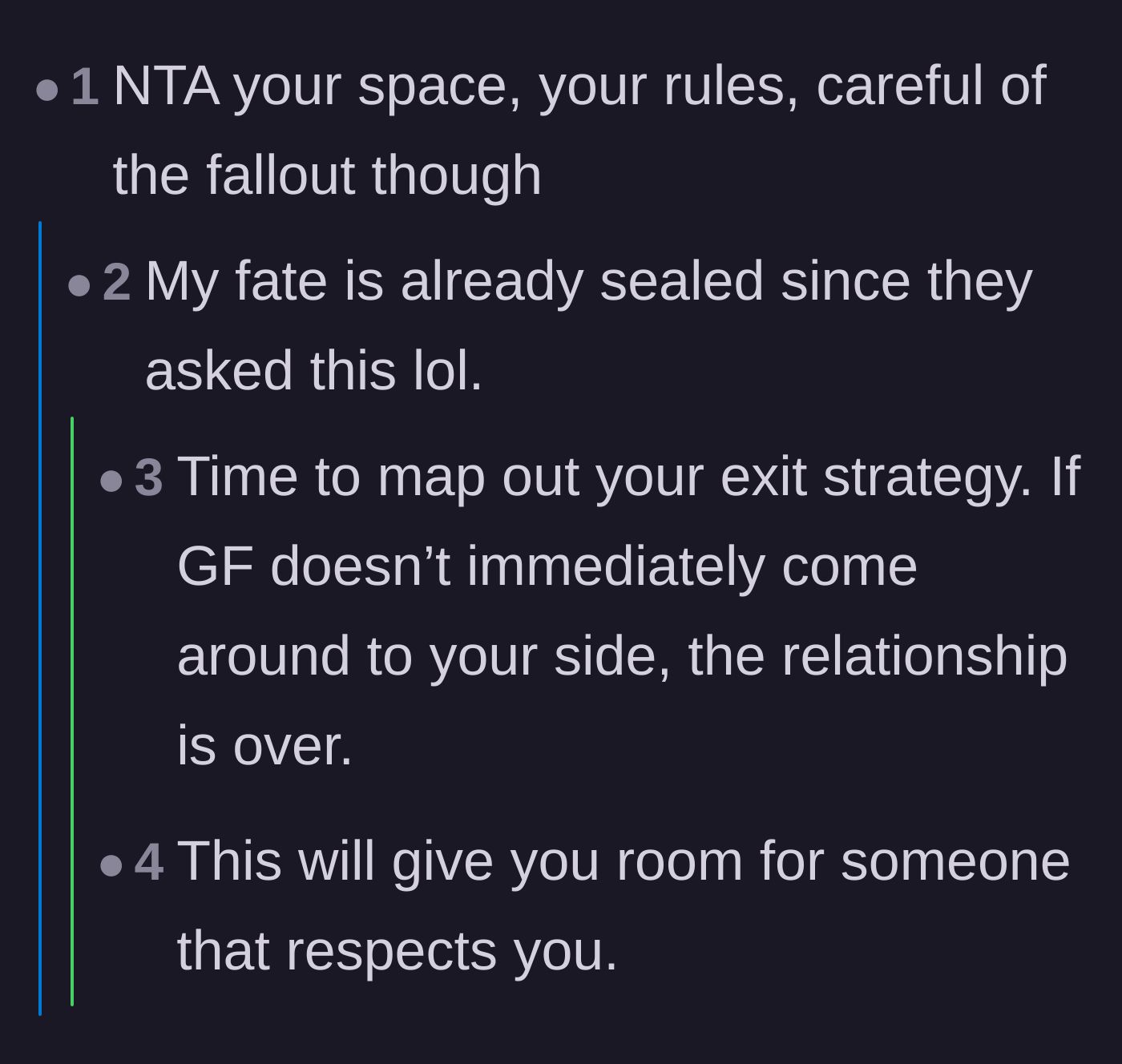 Comment thread 4 - Commenters advising the homeowner to plan an exit strategy if his girlfriend doesn't respect his boundary.