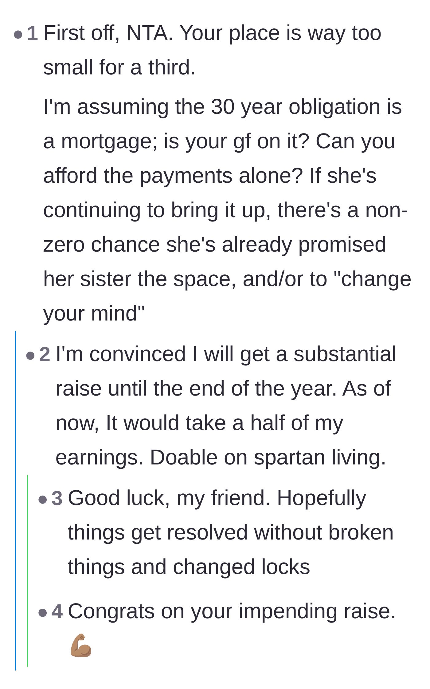 Comment thread 5 - Discussion about the homeowner's financial ability to pay the mortgage on his own if the relationship ends.
