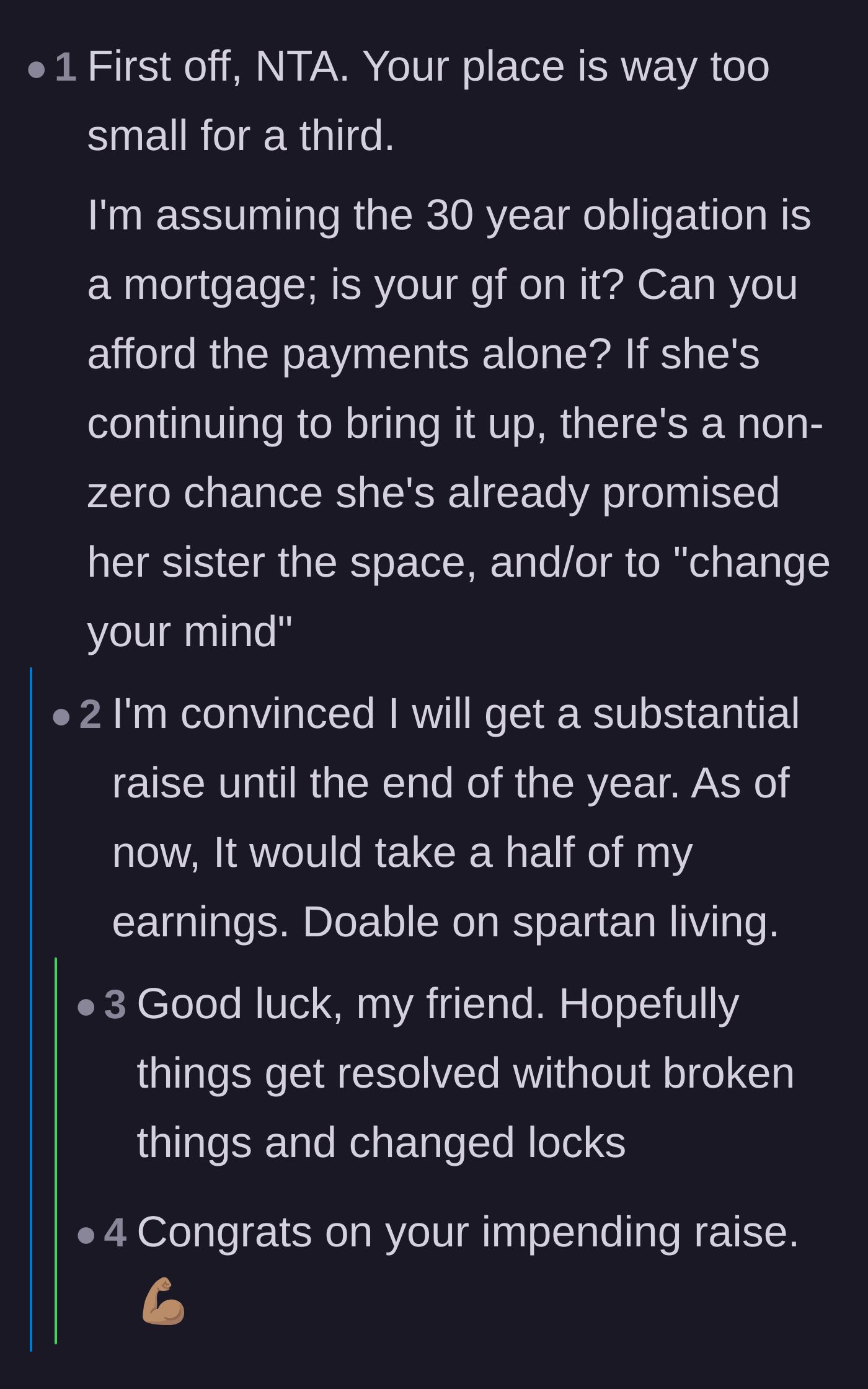 Comment thread 5 - Discussion about the homeowner's financial ability to pay the mortgage on his own if the relationship ends.