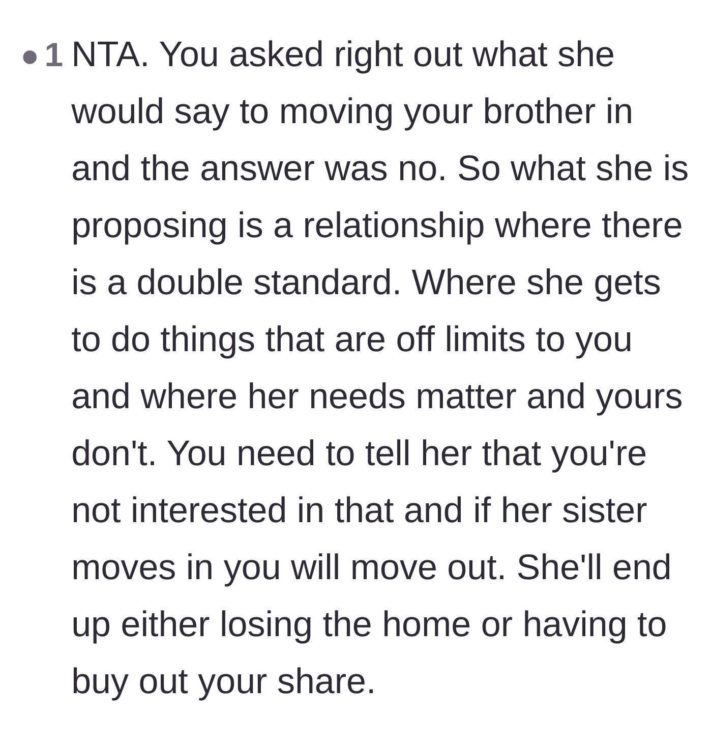 Comment thread 6 - A commenter calling out the girlfriend's hypocritical double standard regarding whose siblings get to move in.