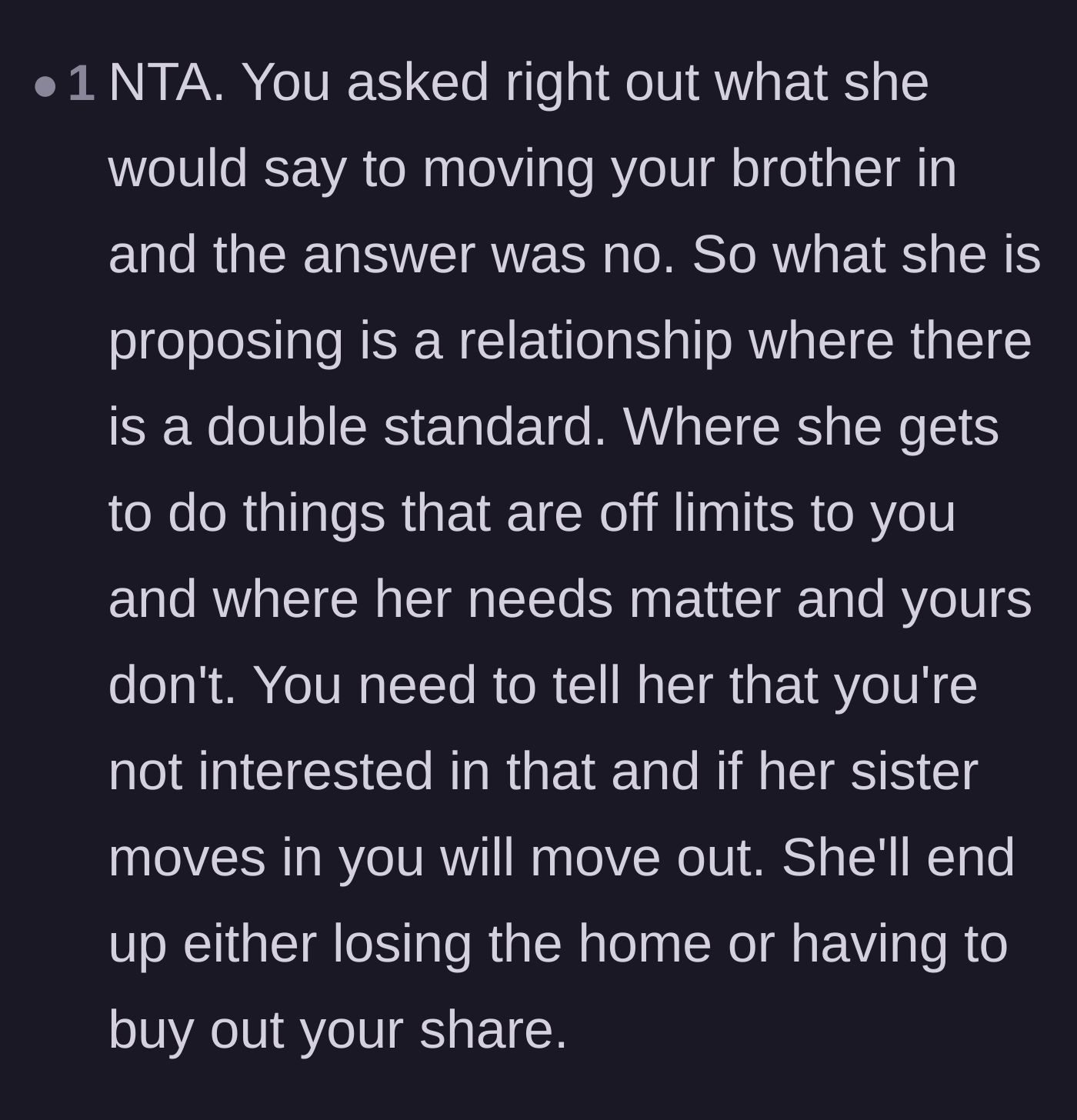 Comment thread 6 - A commenter calling out the girlfriend's hypocritical double standard regarding whose siblings get to move in.