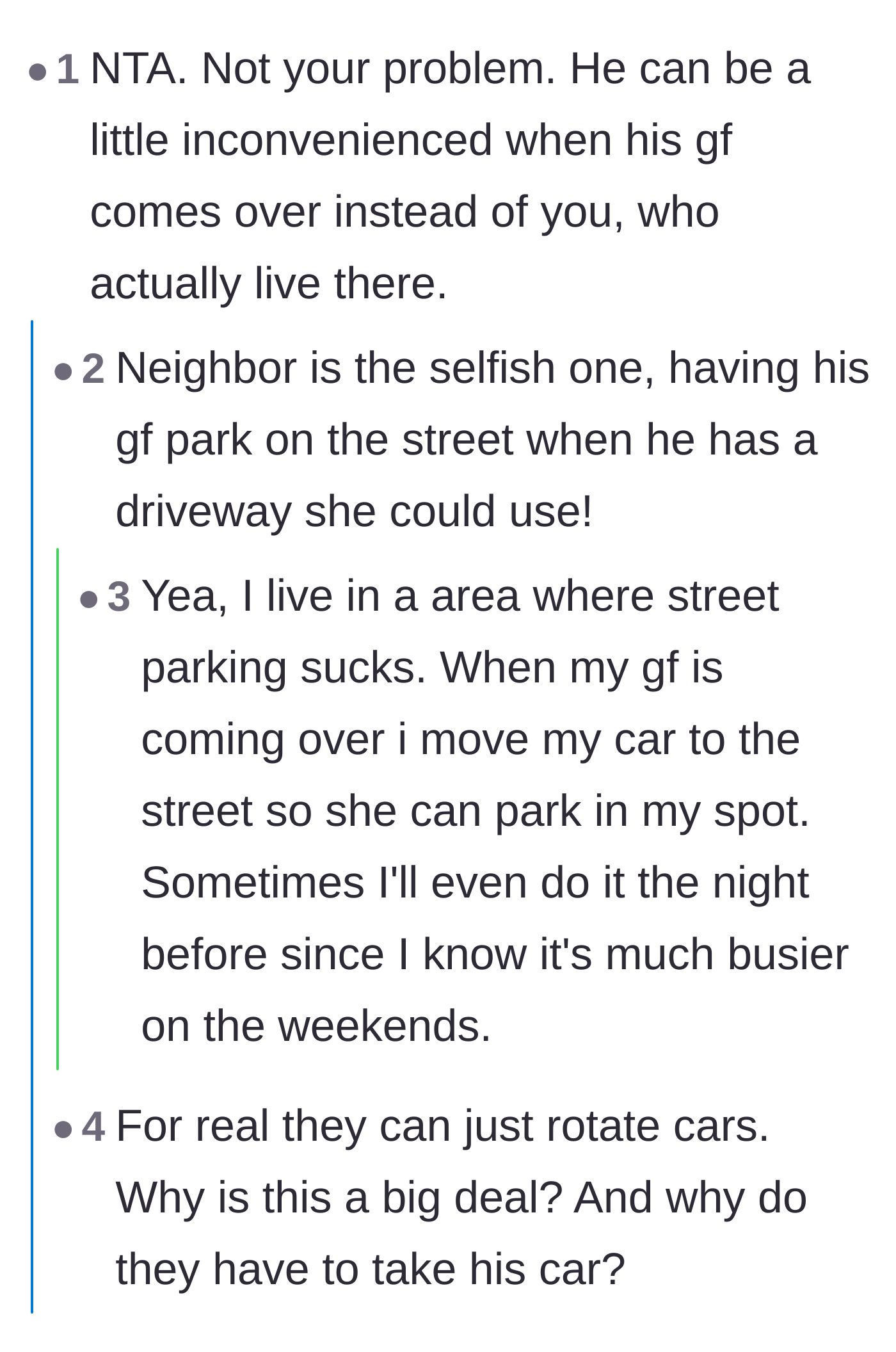 Comment thread 1 - Readers discussing how easily couples can manage a single-lane driveway by simply rotating their vehicles.