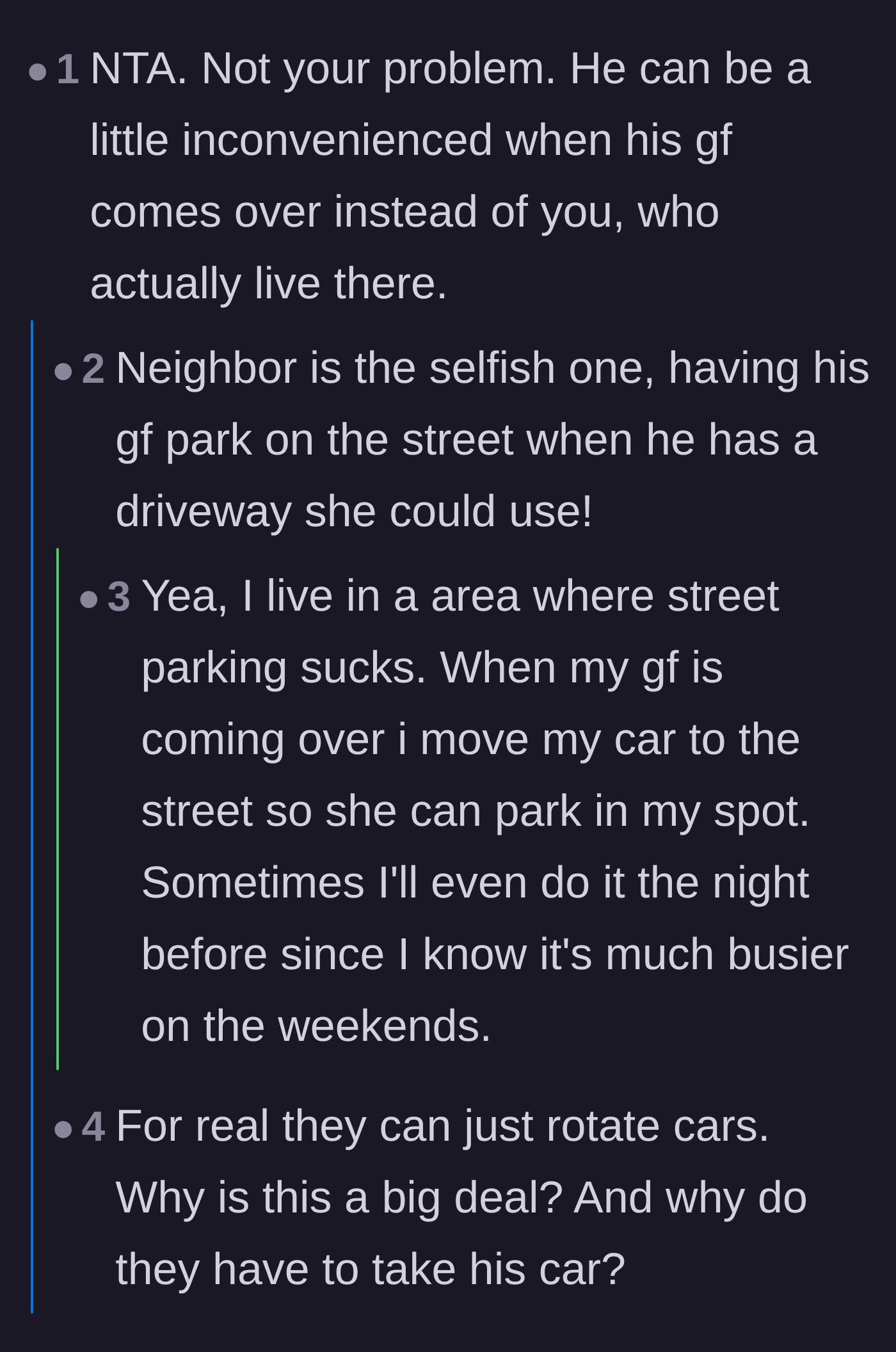 Comment thread 1 - Readers discussing how easily couples can manage a single-lane driveway by simply rotating their vehicles.