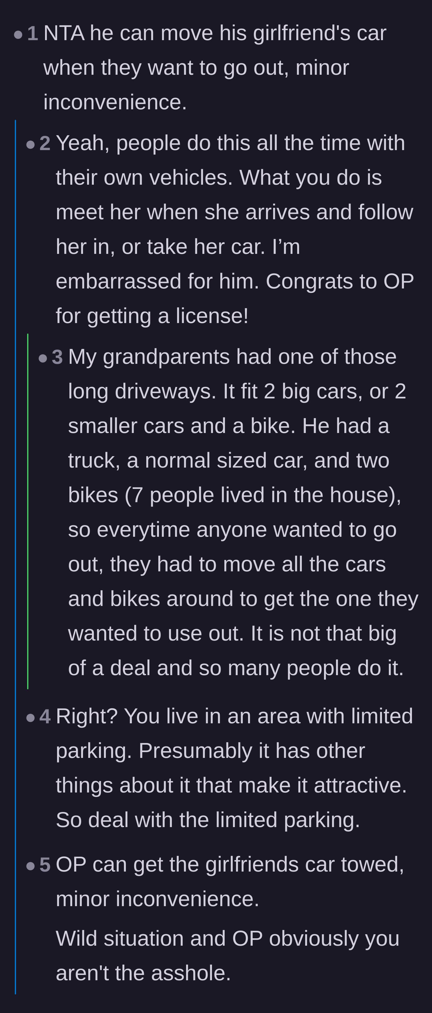 Comment thread 2 - Commenters sharing their own daily, early-morning vehicle logistics to highlight the neighbor's laziness.