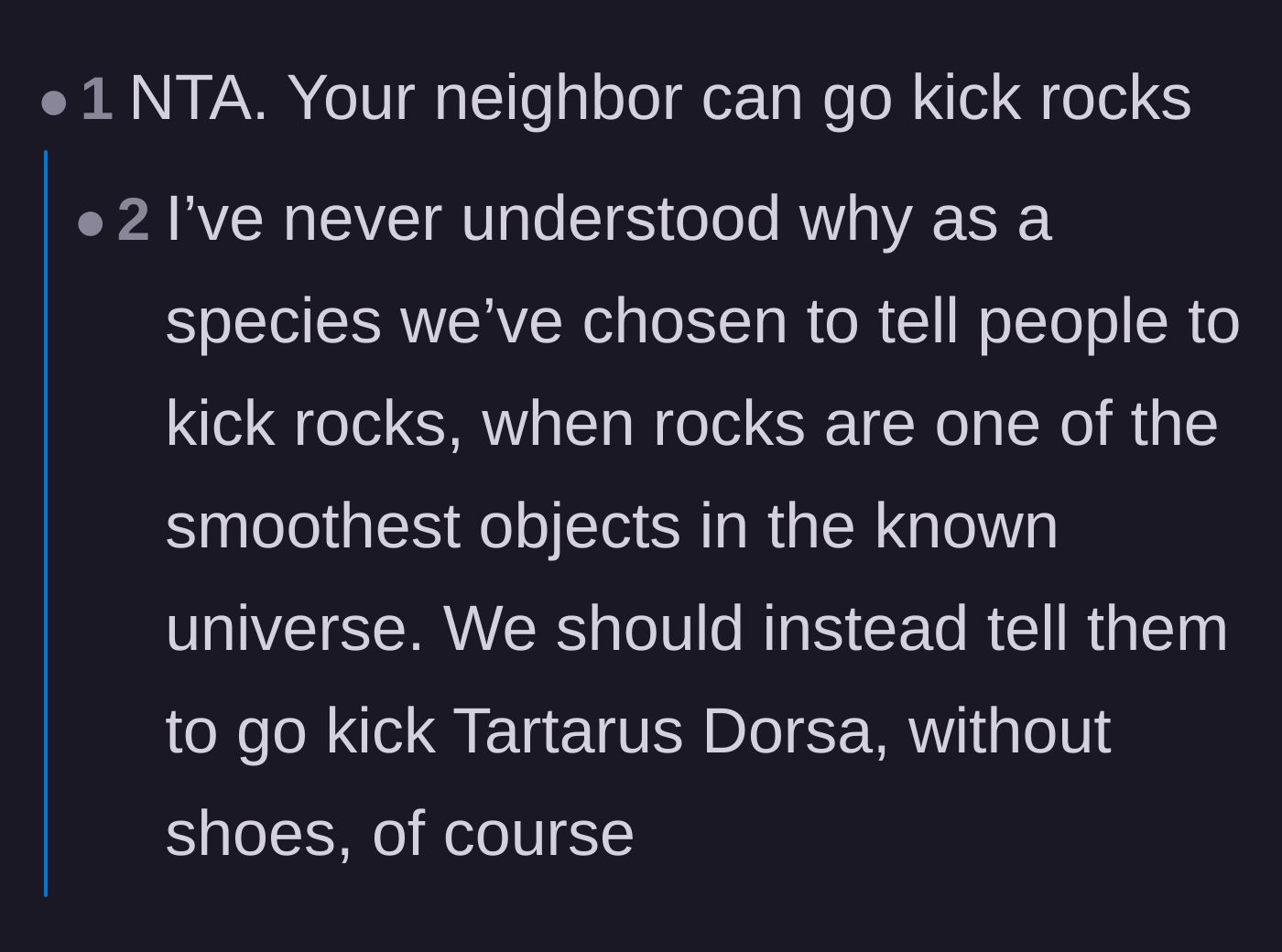 Comment thread 3 - A humorous, academic tangent where commenters debate the planetary physics of telling someone to go 'kick rocks.'