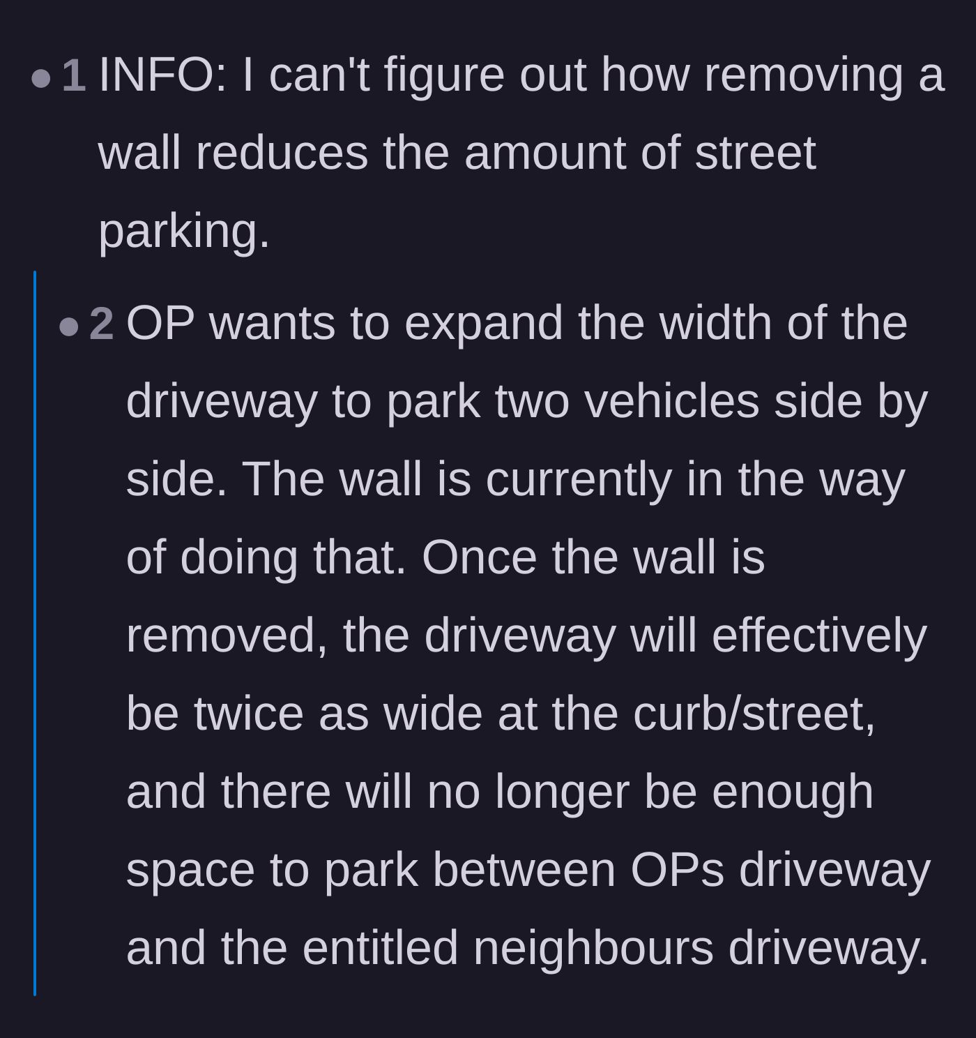 Comment thread 4 - The original poster clarifying the village's street layout and confirming the crucial detail about the preexisting dropped curb.