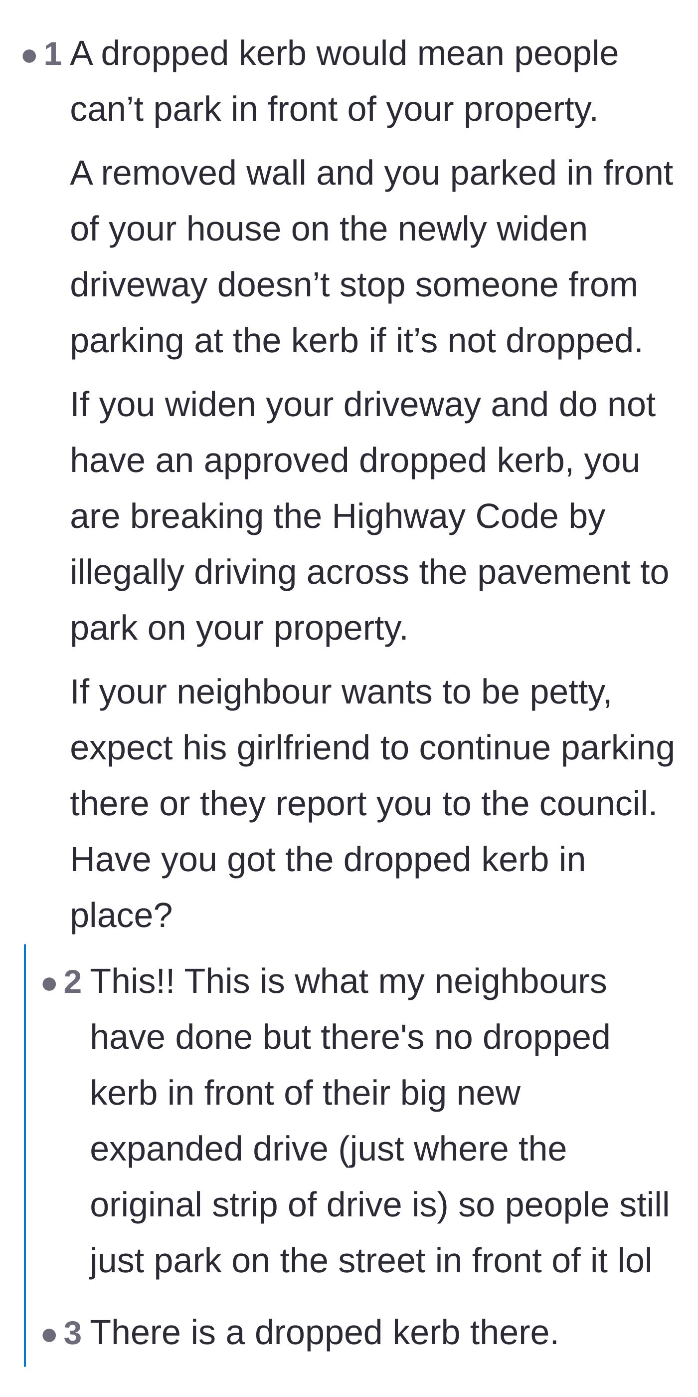 Comment thread 6 - A discussion on local UK council regulations regarding dropped curbs and the illegality of pavement parking.