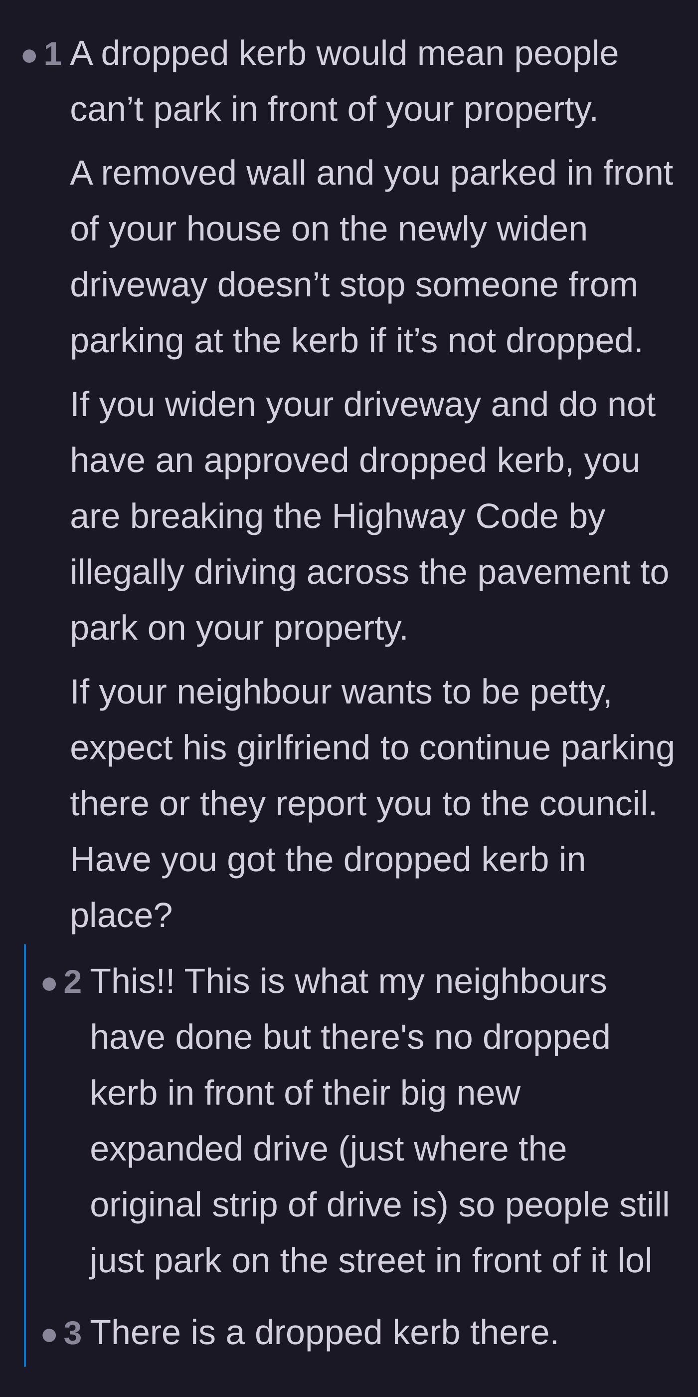 Comment thread 6 - A discussion on local UK council regulations regarding dropped curbs and the illegality of pavement parking.