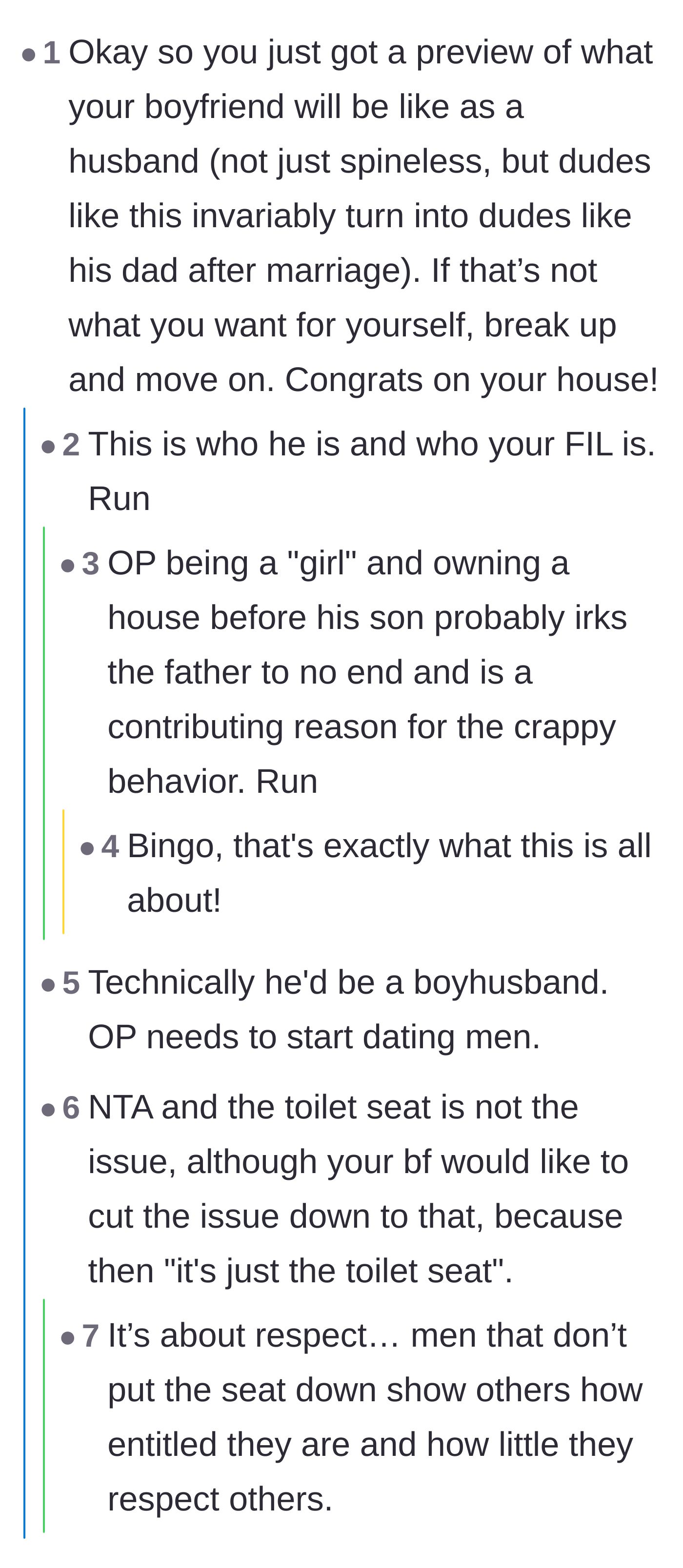 Comment thread 1 - Readers discussing how the boyfriend's silence is a glaring preview of future marital issues and how the father's disrespect stems from deeply rooted misogyny.