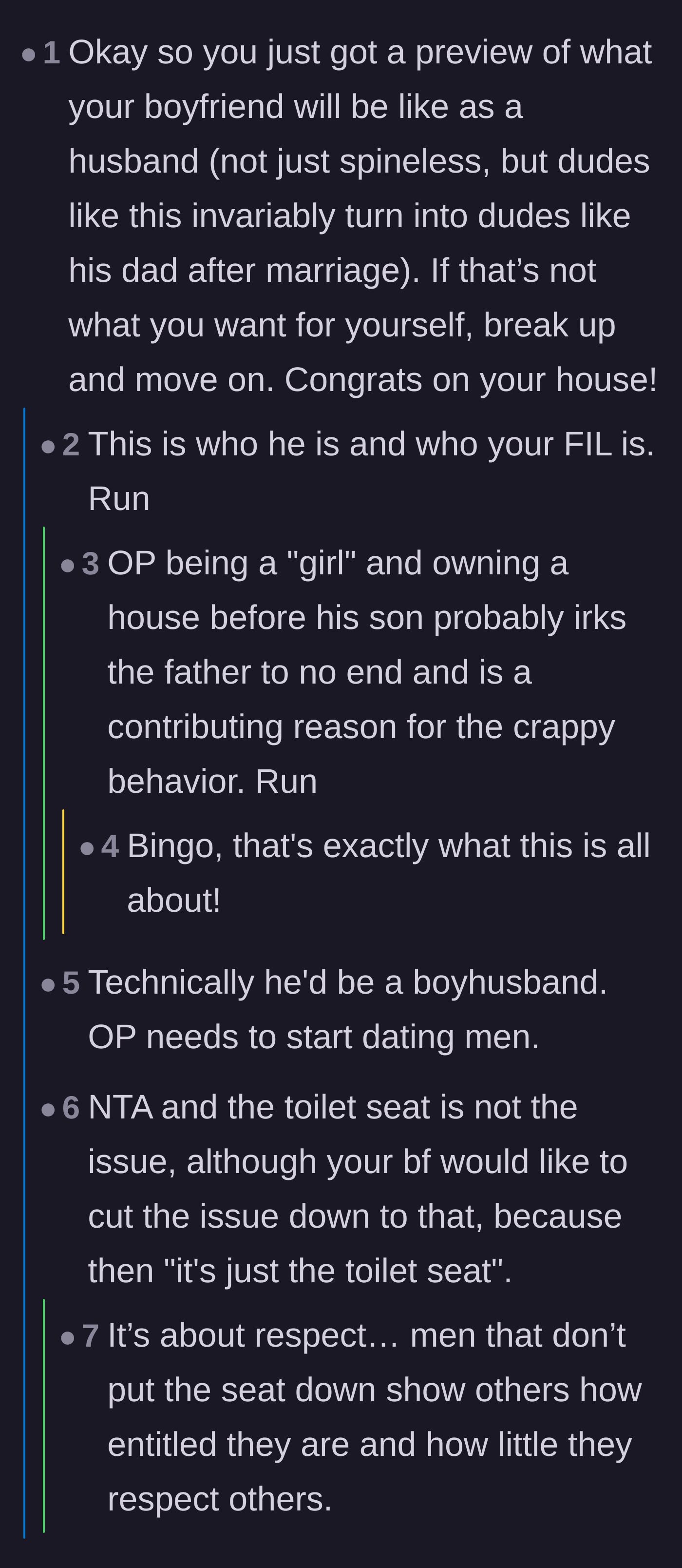 Comment thread 1 - Readers discussing how the boyfriend's silence is a glaring preview of future marital issues and how the father's disrespect stems from deeply rooted misogyny.