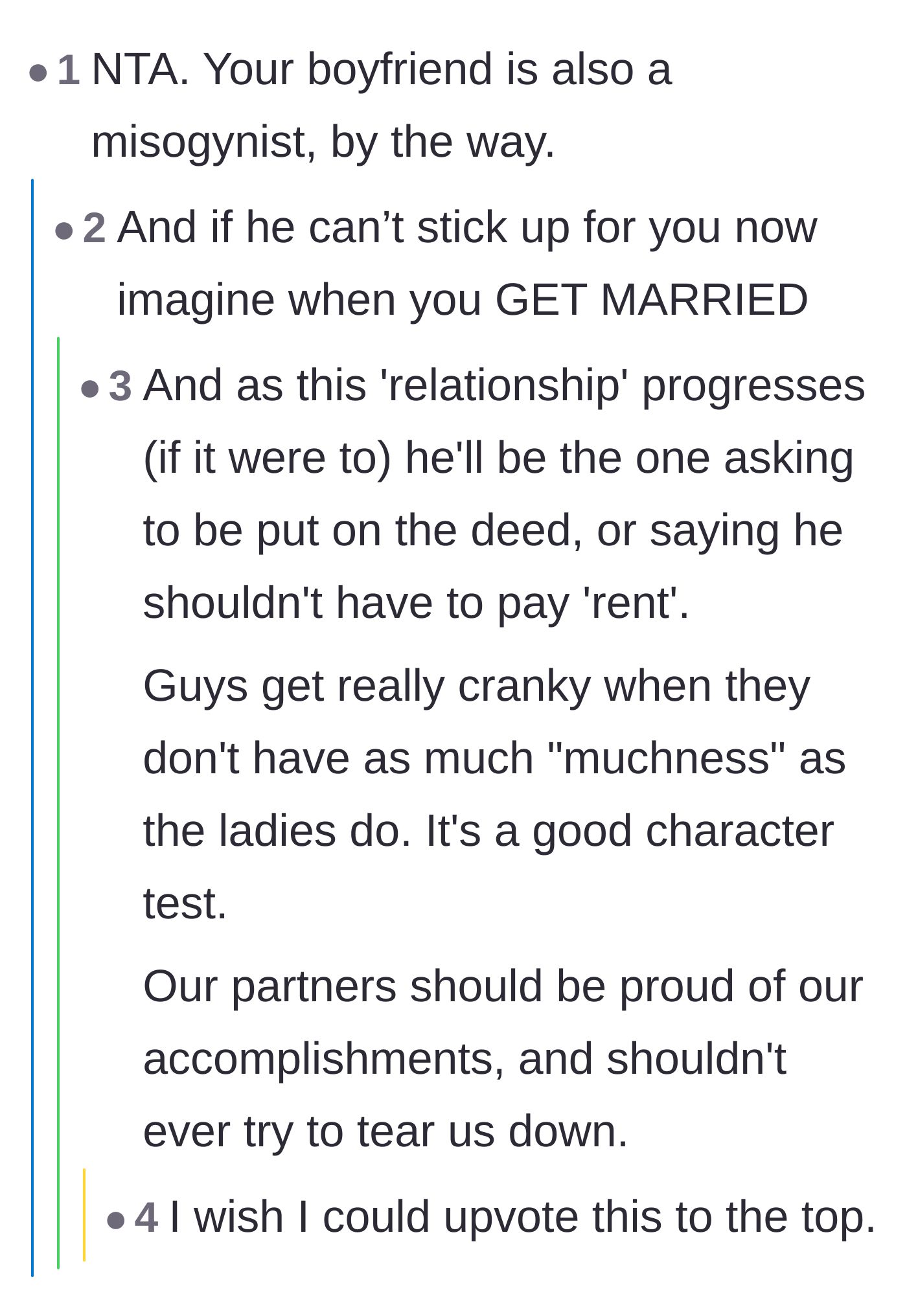 Comment thread 2 - A conversation about how the boyfriend is showing his own sexist colors and will likely become jealous of his partner's financial independence.
