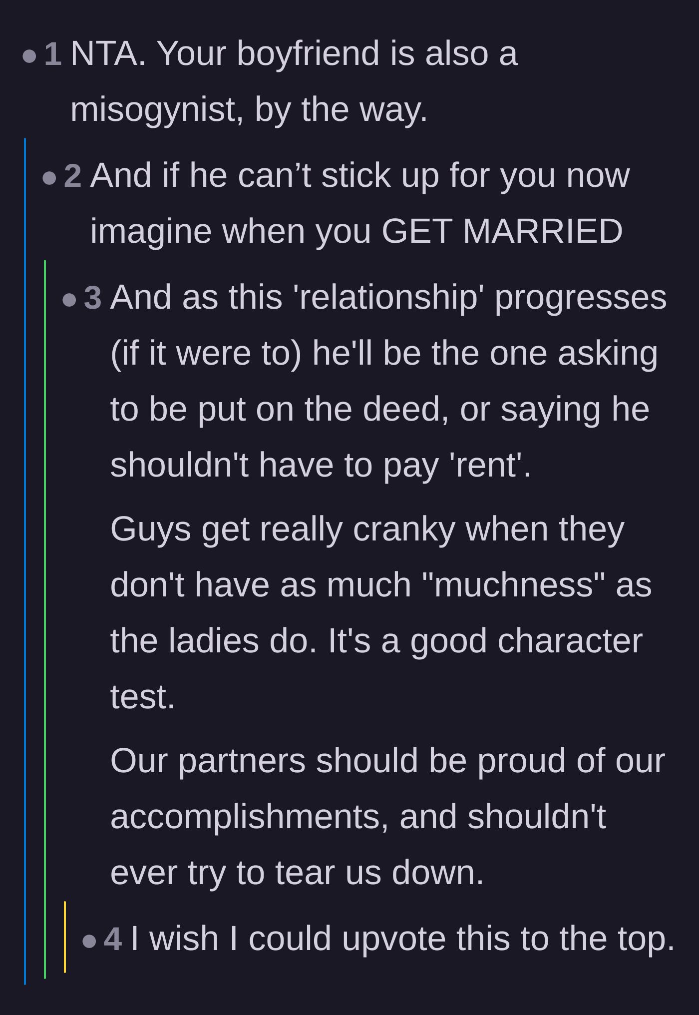 Comment thread 2 - A conversation about how the boyfriend is showing his own sexist colors and will likely become jealous of his partner's financial independence.
