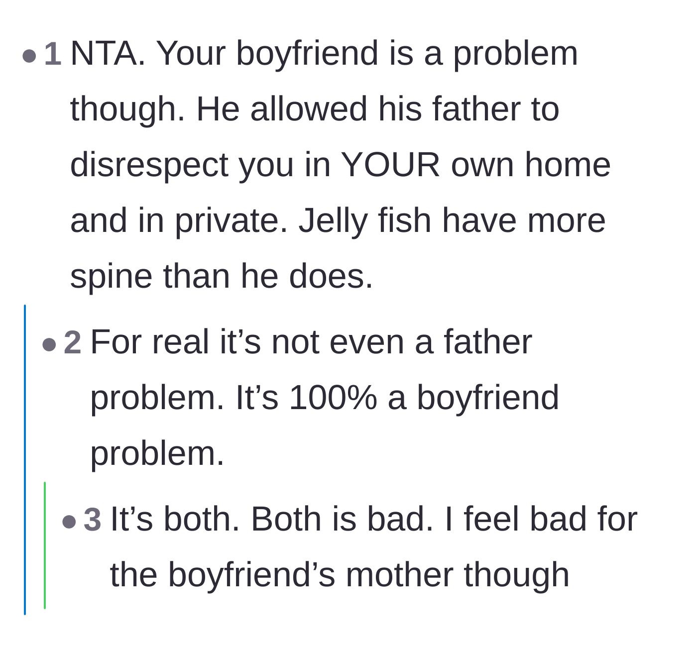 Comment thread 3 - Commenters debating whether the core issue is the disrespectful father or the completely spineless boyfriend who refused to defend his girlfriend.