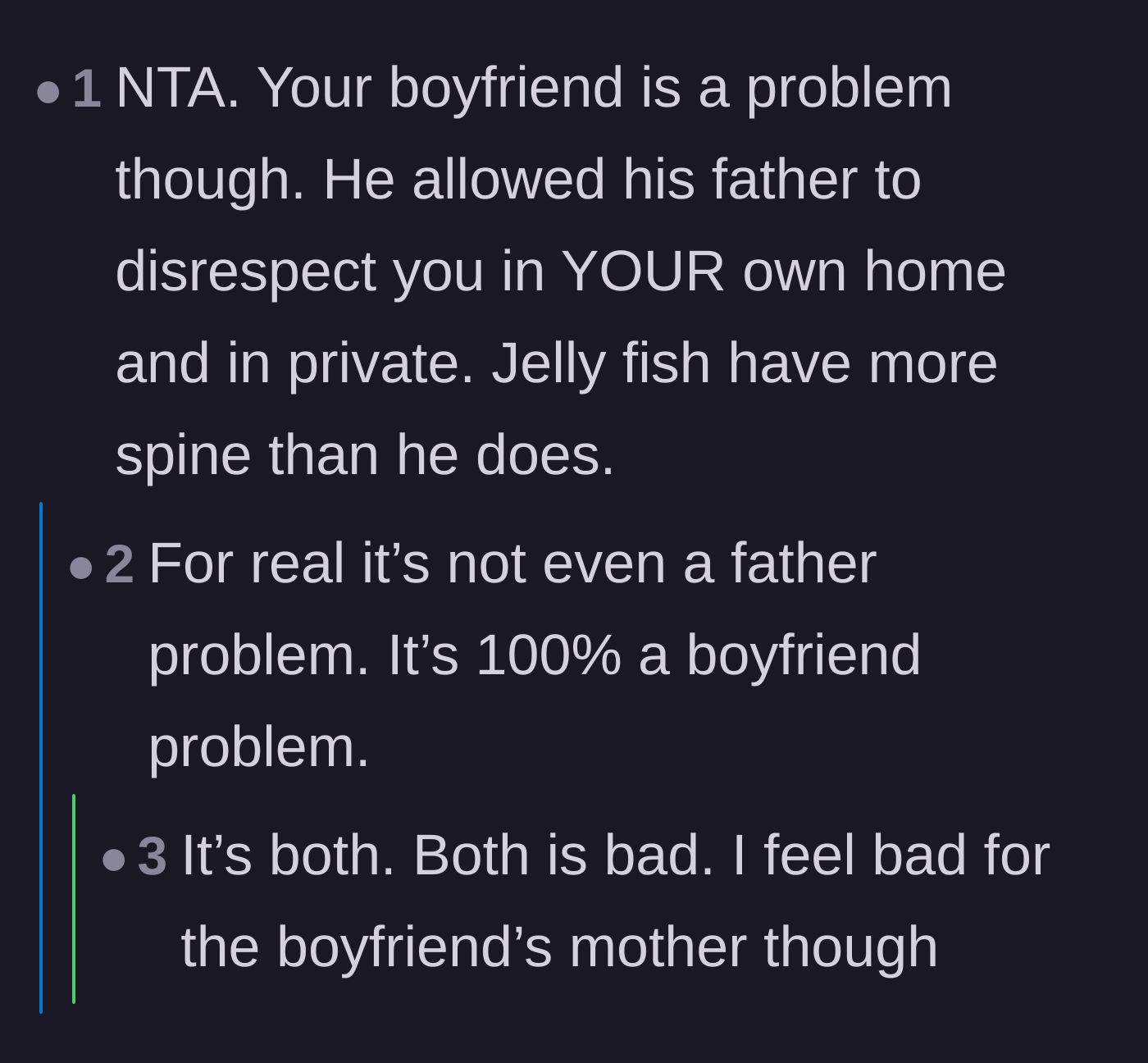 Comment thread 3 - Commenters debating whether the core issue is the disrespectful father or the completely spineless boyfriend who refused to defend his girlfriend.