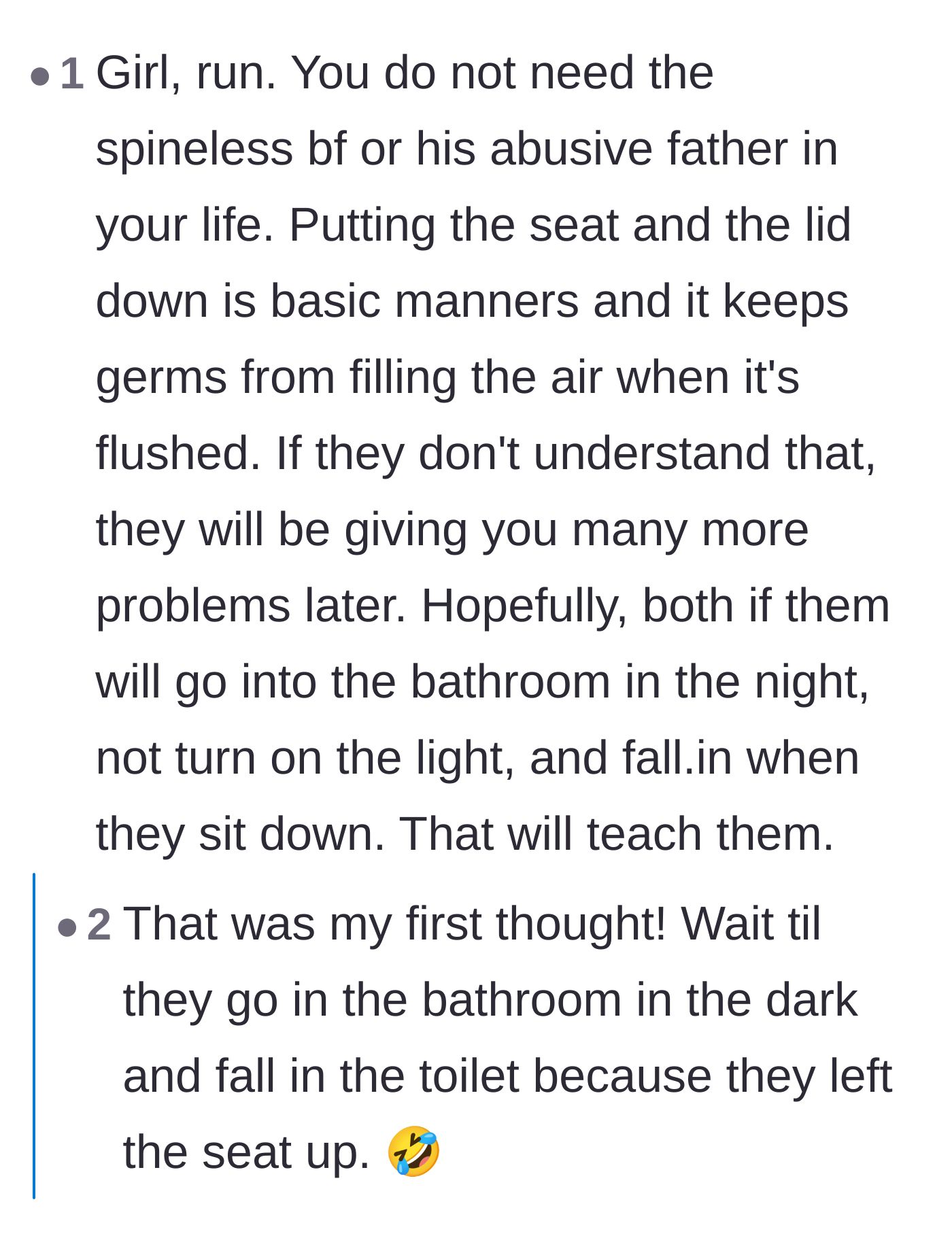 Comment thread 4 - Readers pointing out the basic hygiene of closing a toilet lid and joking about the men falling in the bowl at night.