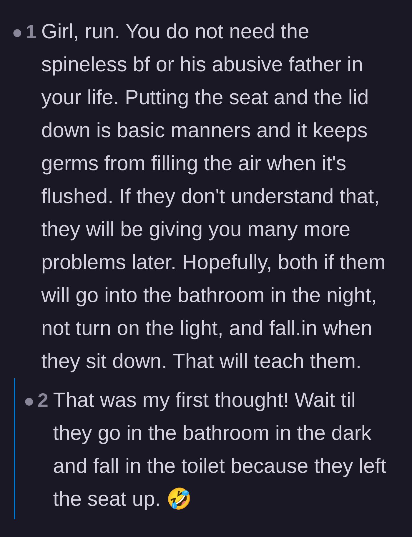 Comment thread 4 - Readers pointing out the basic hygiene of closing a toilet lid and joking about the men falling in the bowl at night.